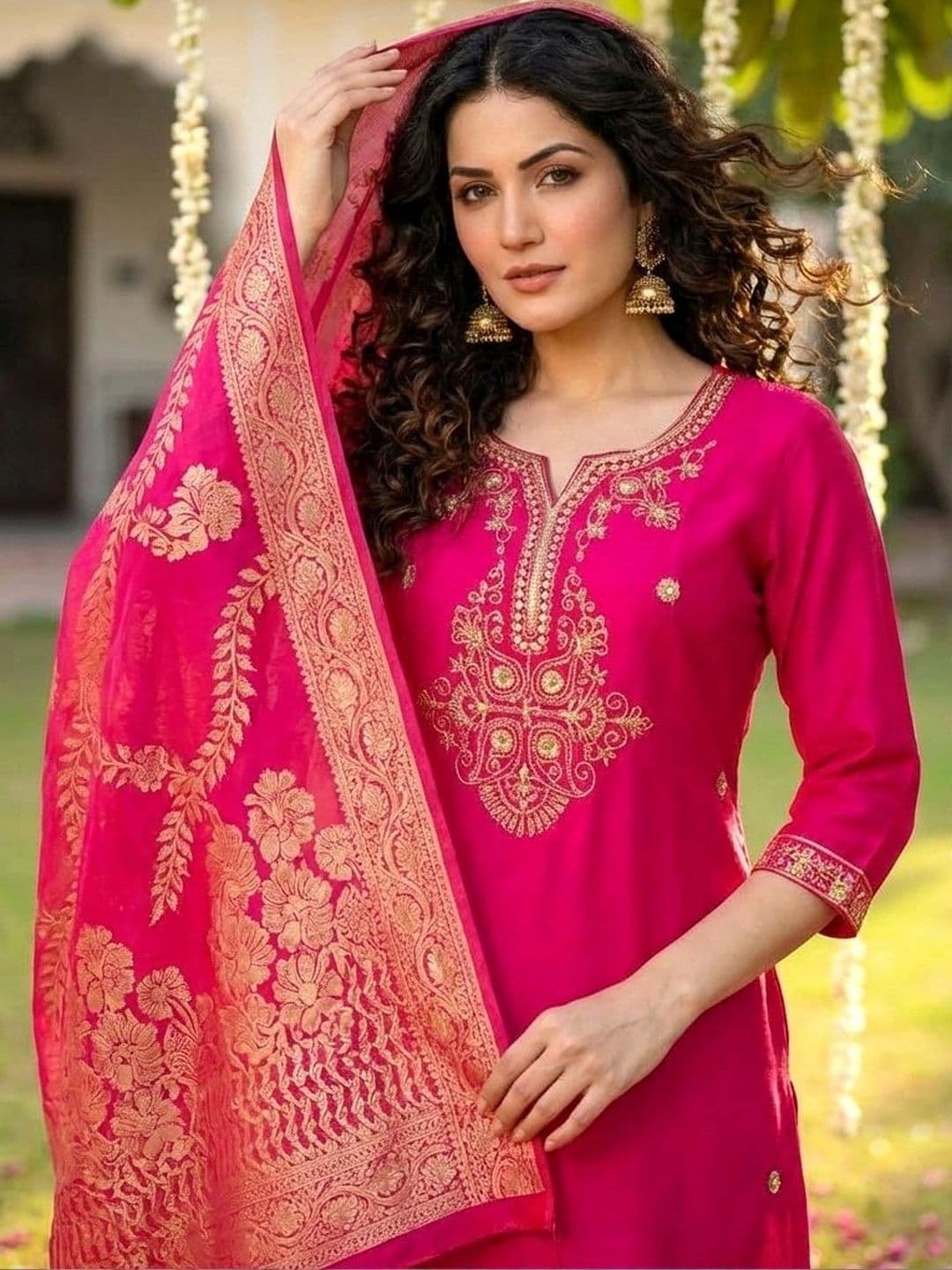 SHRI VANYA CREATION Women Ethnic Motifs Embroidered Regular Chanderi Silk Kurta with Trousers & With Dupatta - view 1