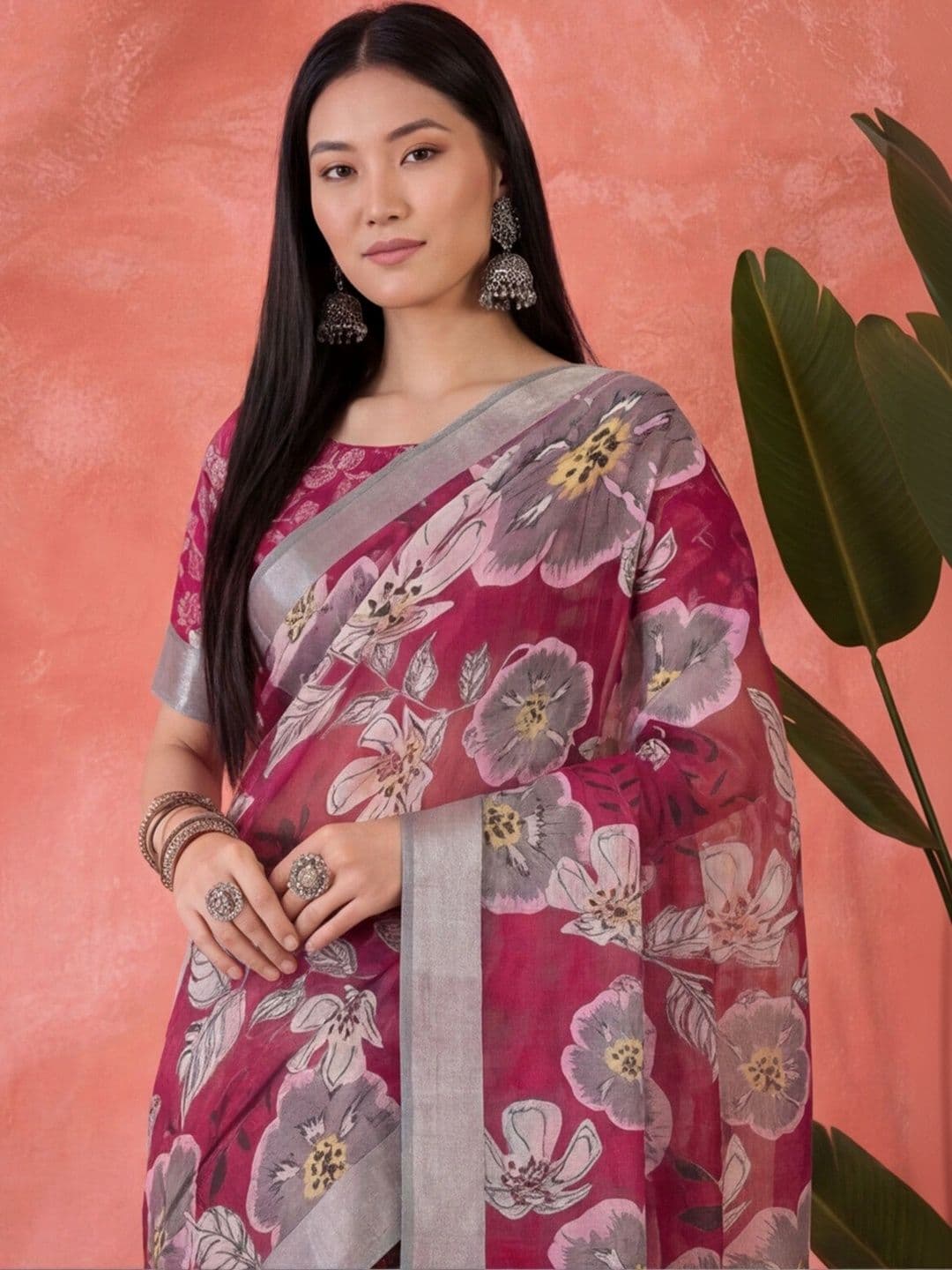 Anouk Rustic Floral Zari Pure Linen Designer Khadi Saree thumbnail 5
