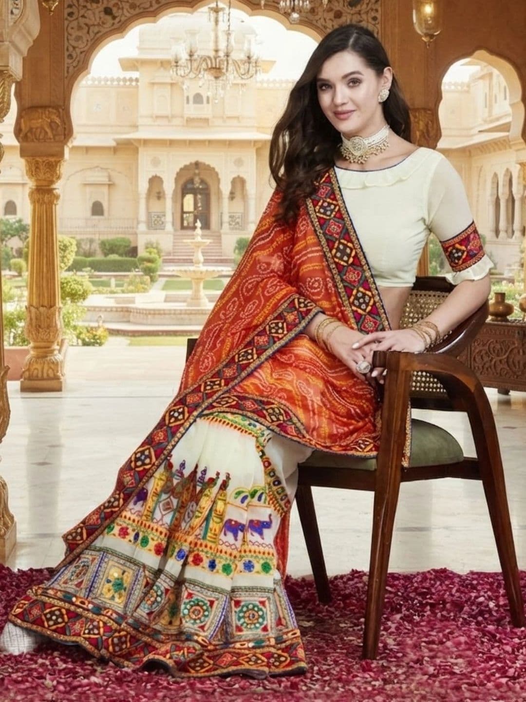 DIVASTRI Embroidered Poly Georgette Half and Half Bandhani Saree thumbnail 4