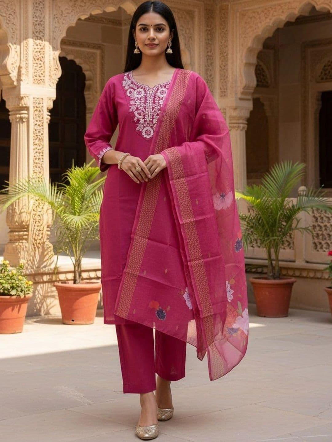 Komurr Women Ethnic Motifs Embroidered Regular Thread Work Kurta with Trousers & With Dupatta thumbnail 2