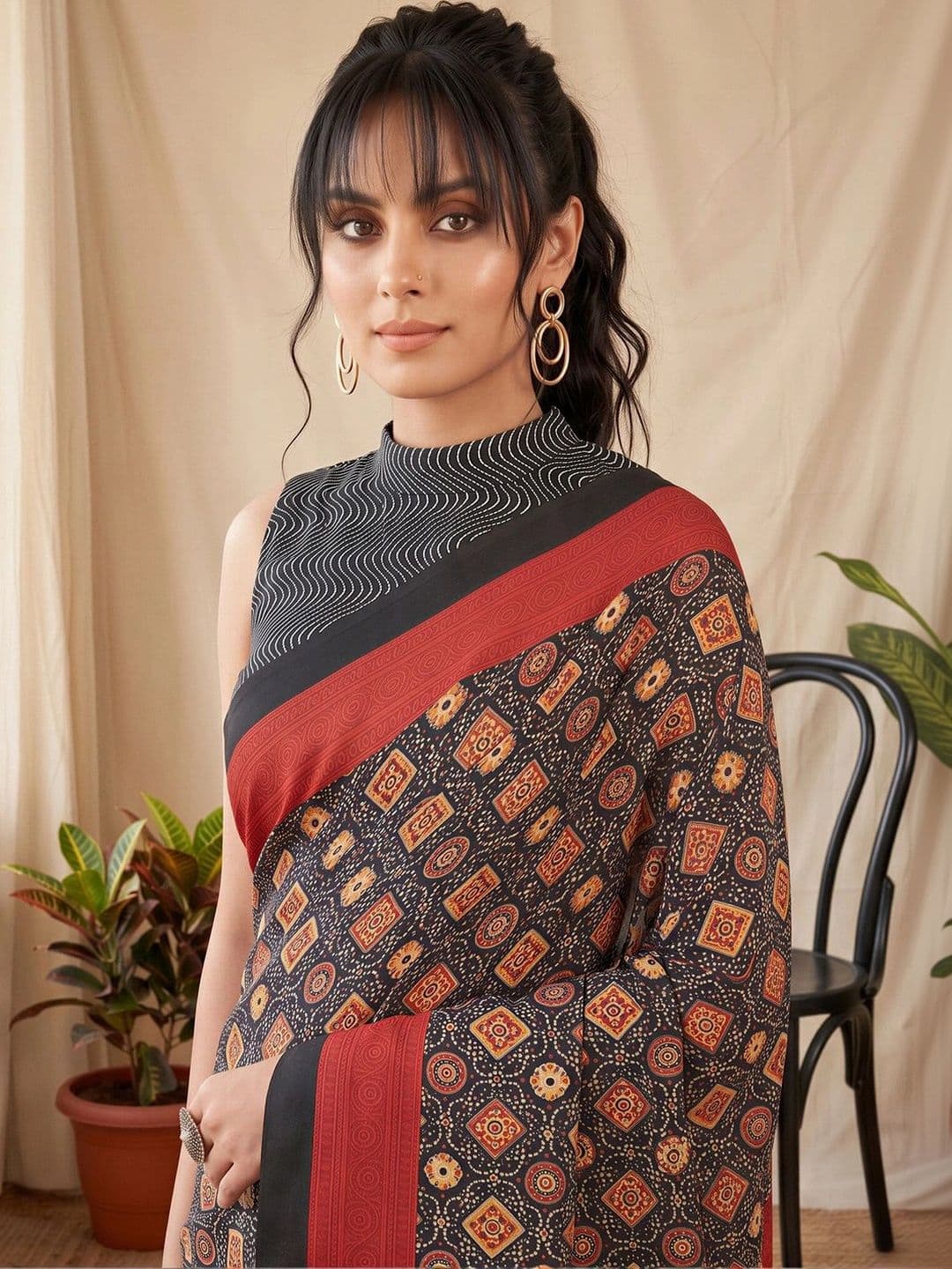 Anouk Bandhani Silk Blend Fusion Block Print Saree thumbnail 3