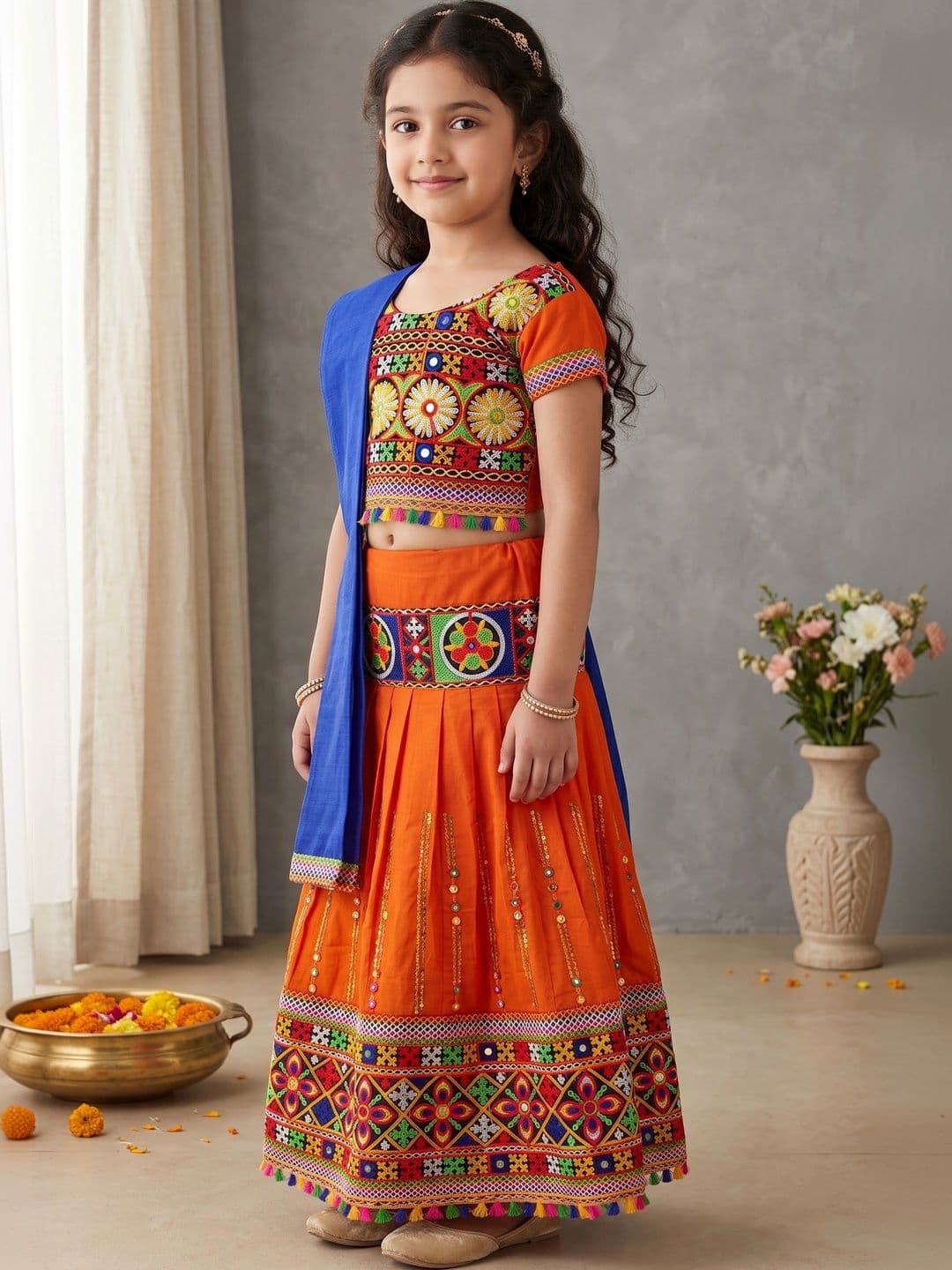 ahhaaaa Girls Embroidered Mirror Work Ready to Wear Lehenga & Blouse With Dupatta thumbnail 2