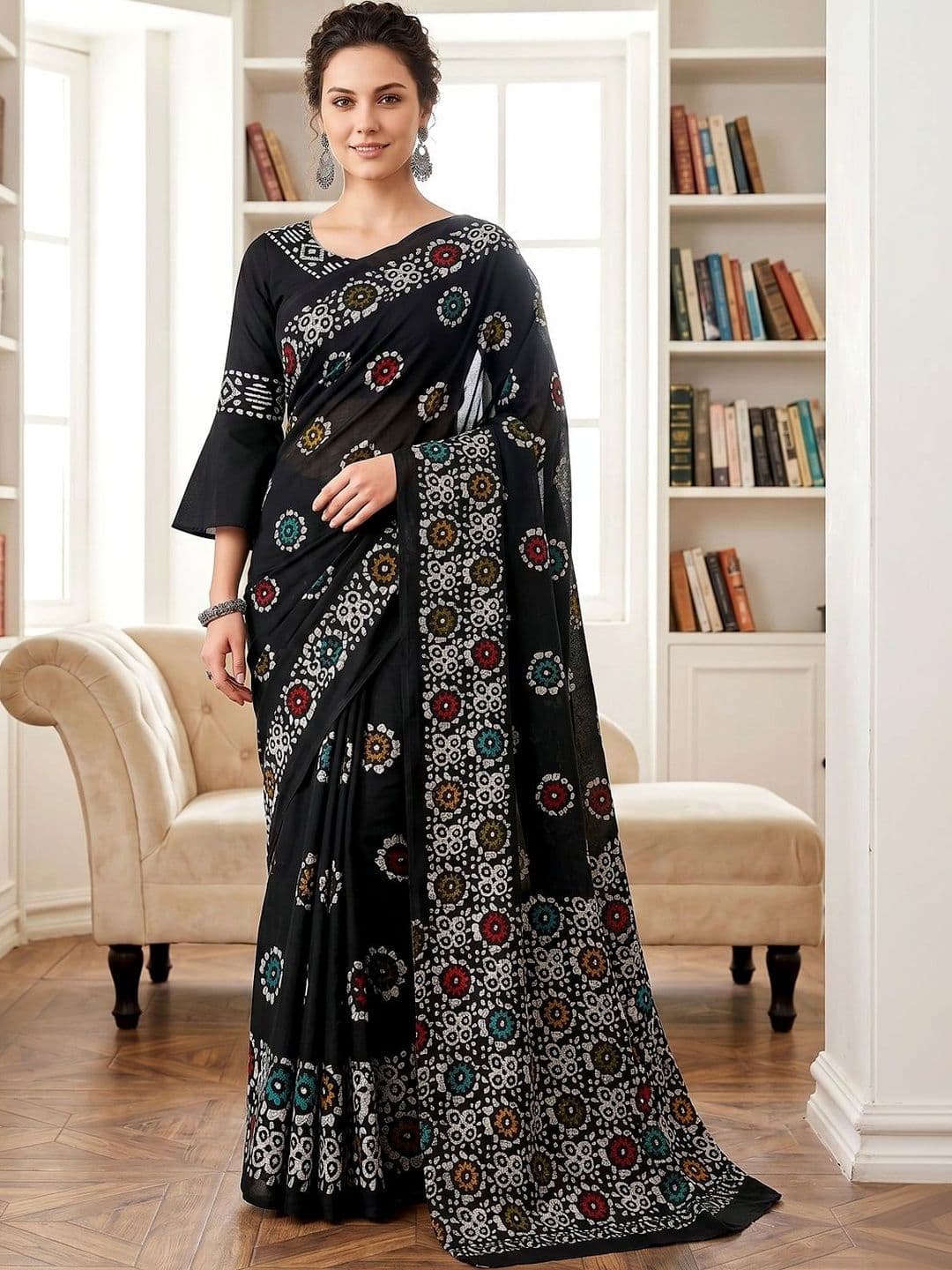 VS MALL Women Batik Pure Cotton Block Print Saree - view 1