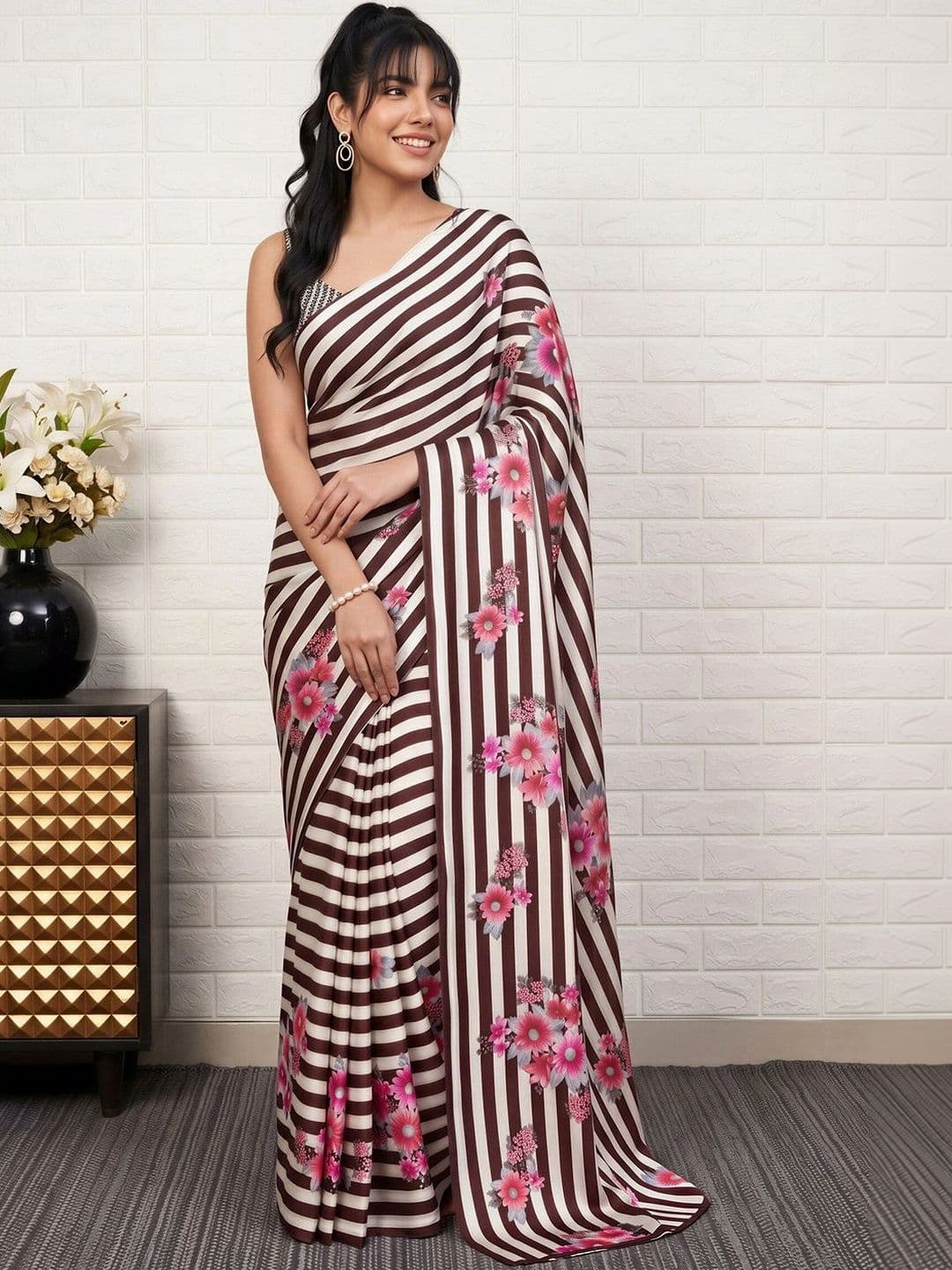 Anouk women Floral Satin Designer Leheriya Saree thumbnail 5