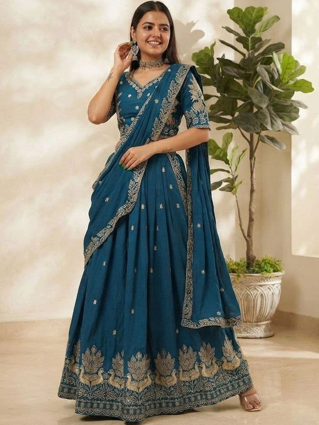 HERE&NOW Embroidered Thread Work Semi-Stitched Lehenga & Blouse With Dupatta thumbnail 3
