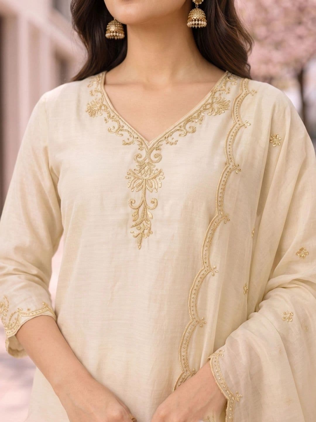J MOGAL Women Ethnic Motifs Embroidered Kurta with Trousers & With Dupatta thumbnail 6