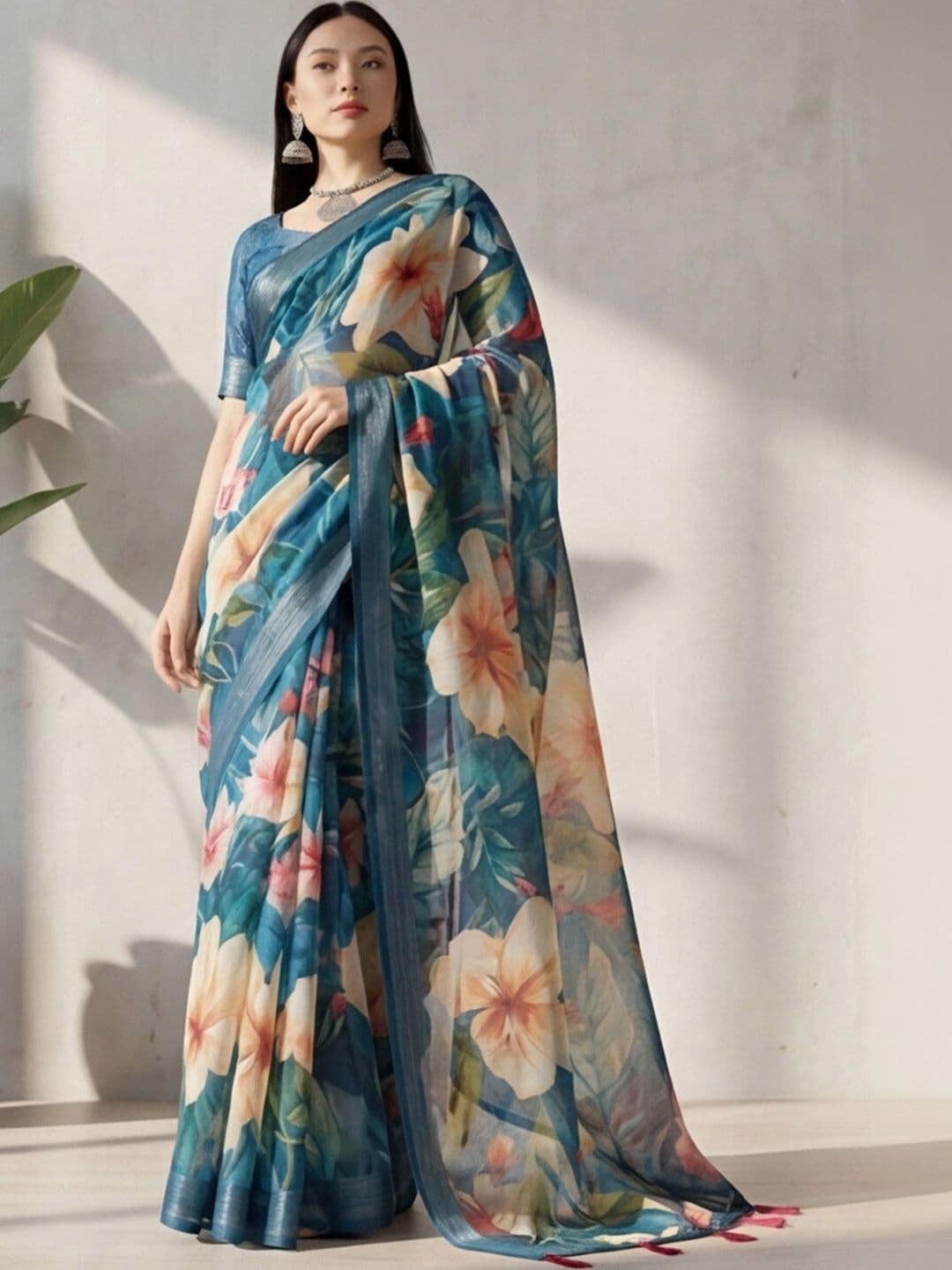 Anouk Rustic Floral Zari Pure Linen Designer Khadi Saree thumbnail 5