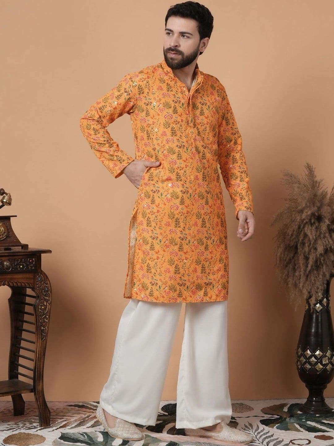 SHROBH Men Floral Printed Mirror Work Floral Kurta thumbnail 5