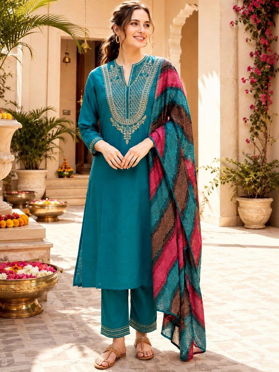Nayam By Lakshita Women Ethnic Motifs Embroidered Regular Thread Work Kurta with Trousers & With Dupatta thumbnail 2