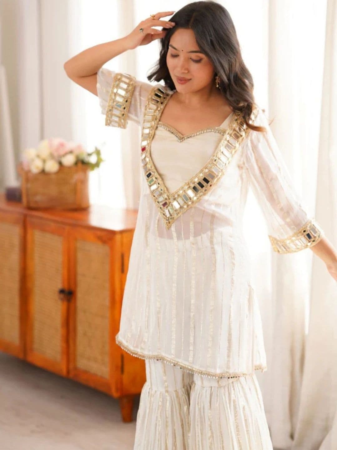 HERE&NOW Women Regular Mirror Work Chanderi Silk Kurti with Sharara thumbnail 5