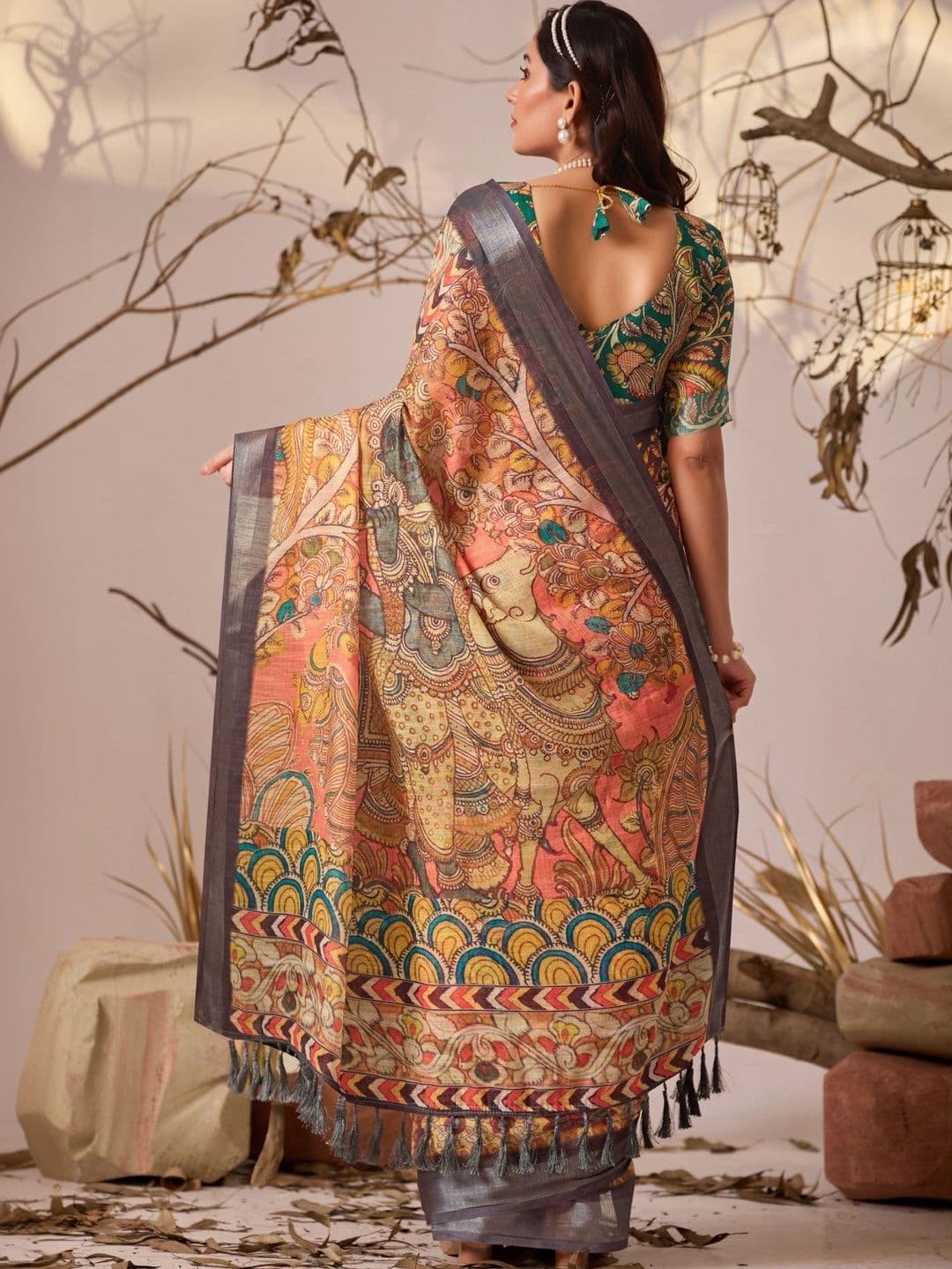Moda Rapido Kalamkari Zari Linen Blend Designer Patola Saree thumbnail 7