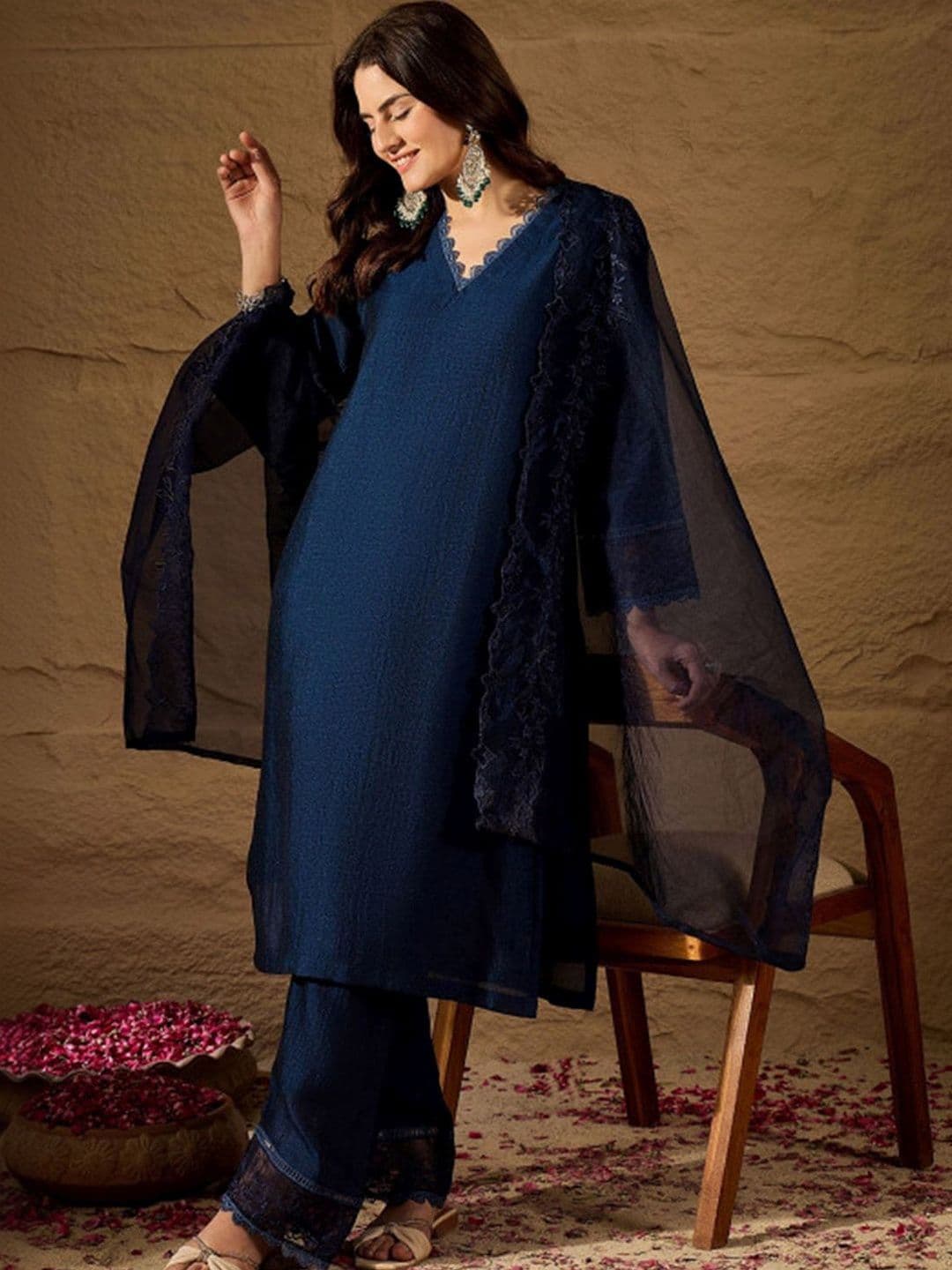 Sangria Women Ethnic Motifs Regular Thread Work Chanderi Silk Kurta with Palazzos & With Dupatta - view 1