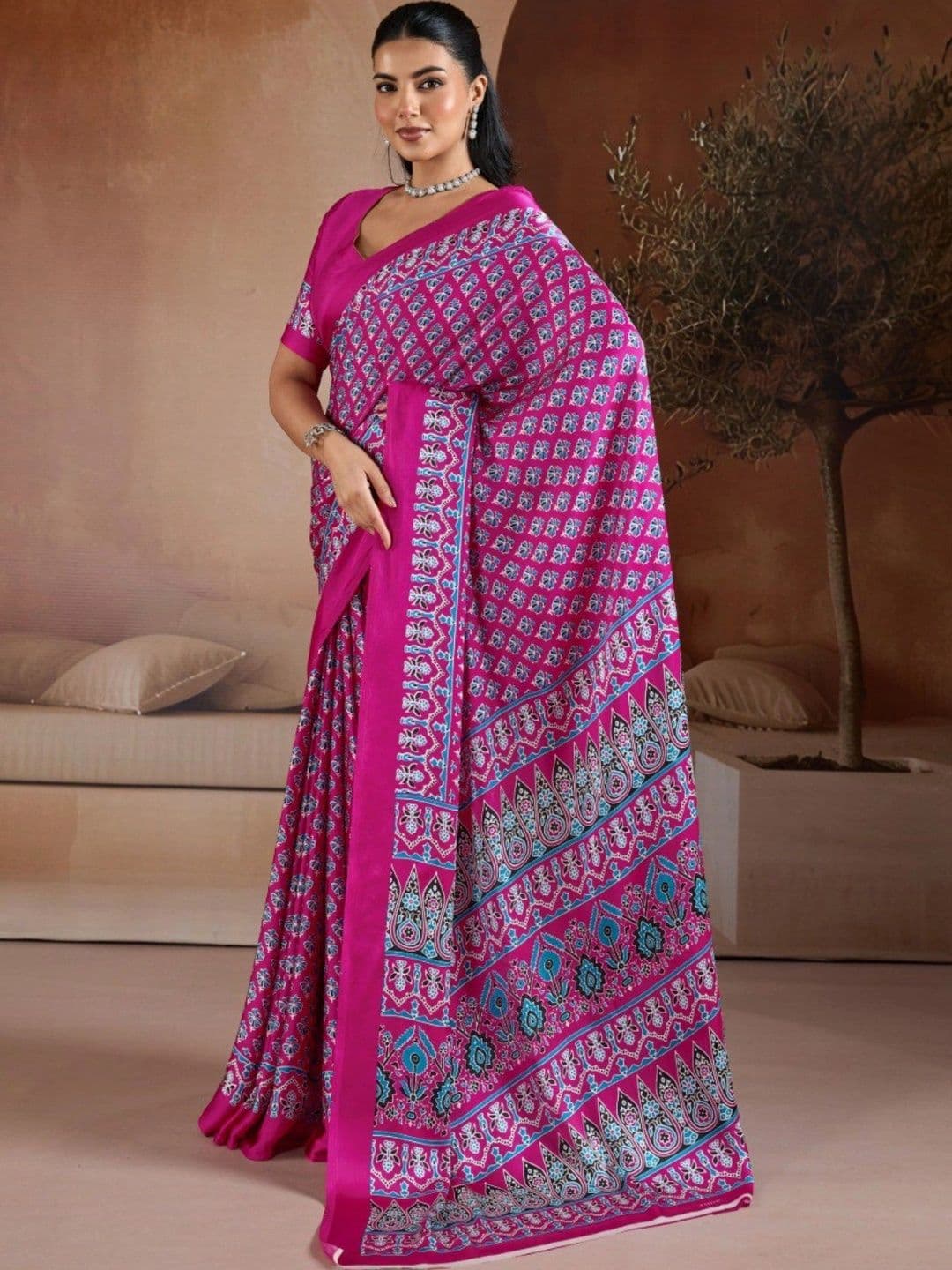 Moda Rapido Ajrak Block Satin Designer Saree thumbnail 4
