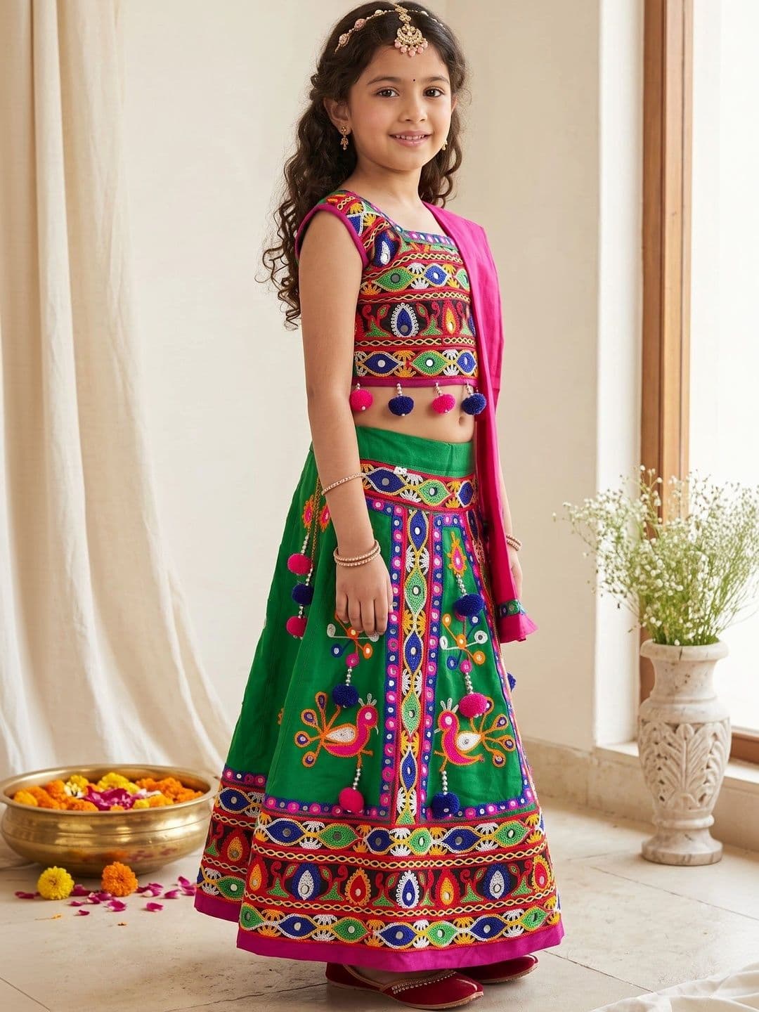 ahhaaaa Girls Embellished Mirror Work Ready to Wear Lehenga & Blouse With Dupatta thumbnail 4