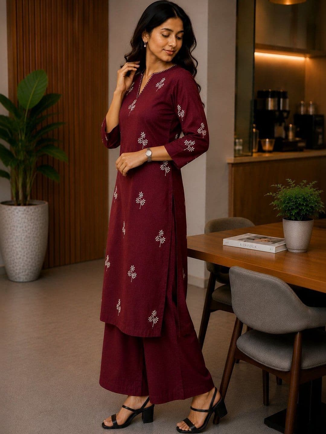 SALE MANTRA Women Ethnic Motifs Embroidered Regular Thread Work Pure Cotton Kurta with Palazzos thumbnail 4