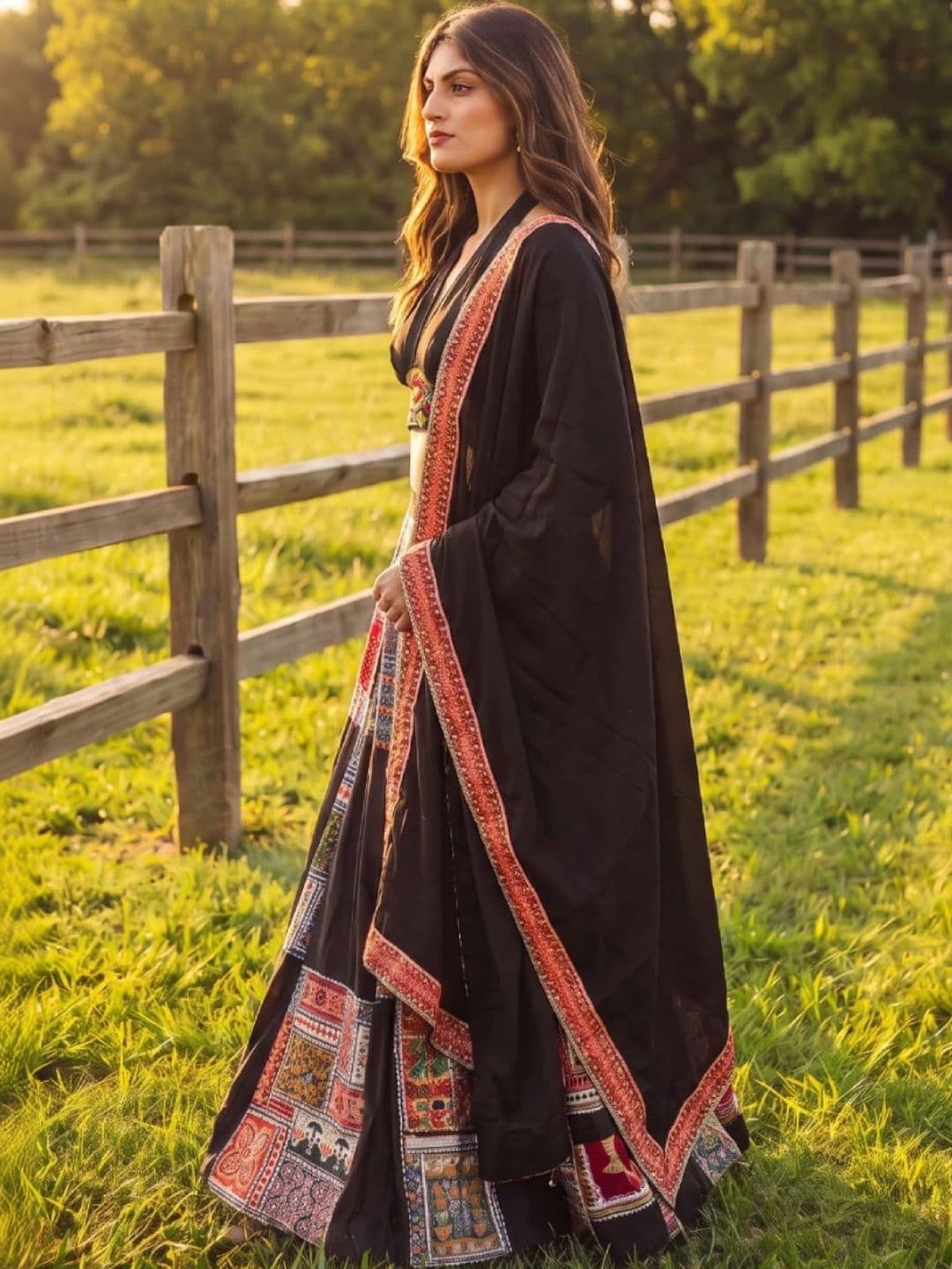 JIHU CULTURE Embroidered Thread Work Semi-Stitched Lehenga & Unstitched Blouse With Dupatta thumbnail 5
