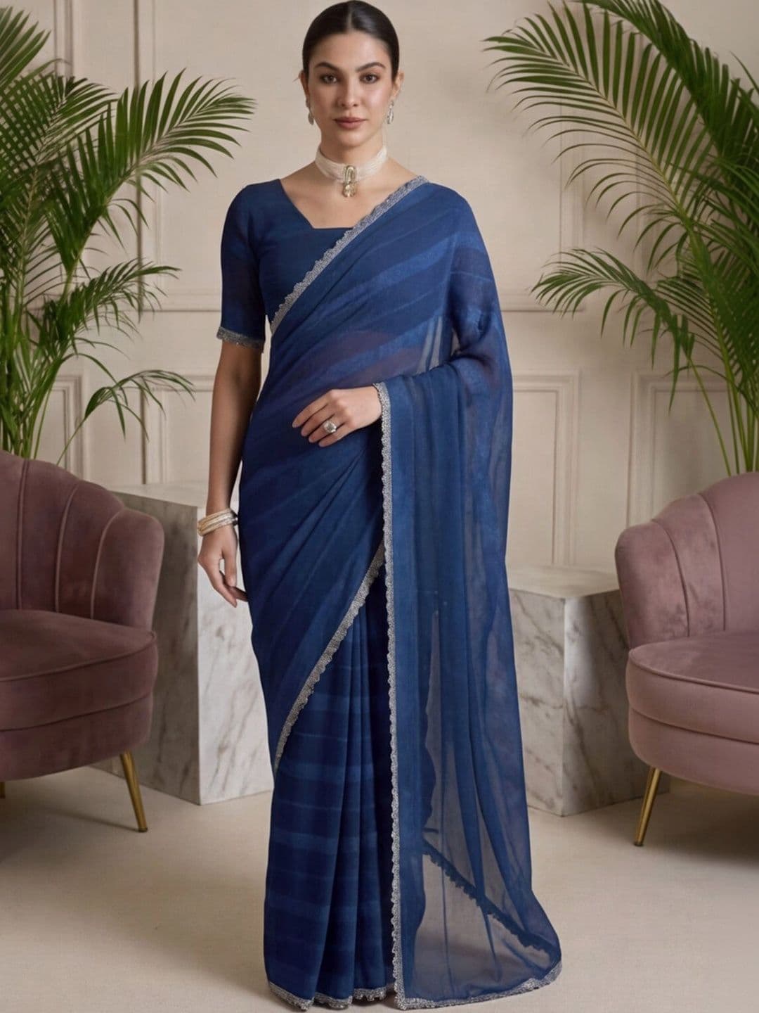 Anouk Rustic Striped Embroidered Silk Blend Designer Saree thumbnail 6
