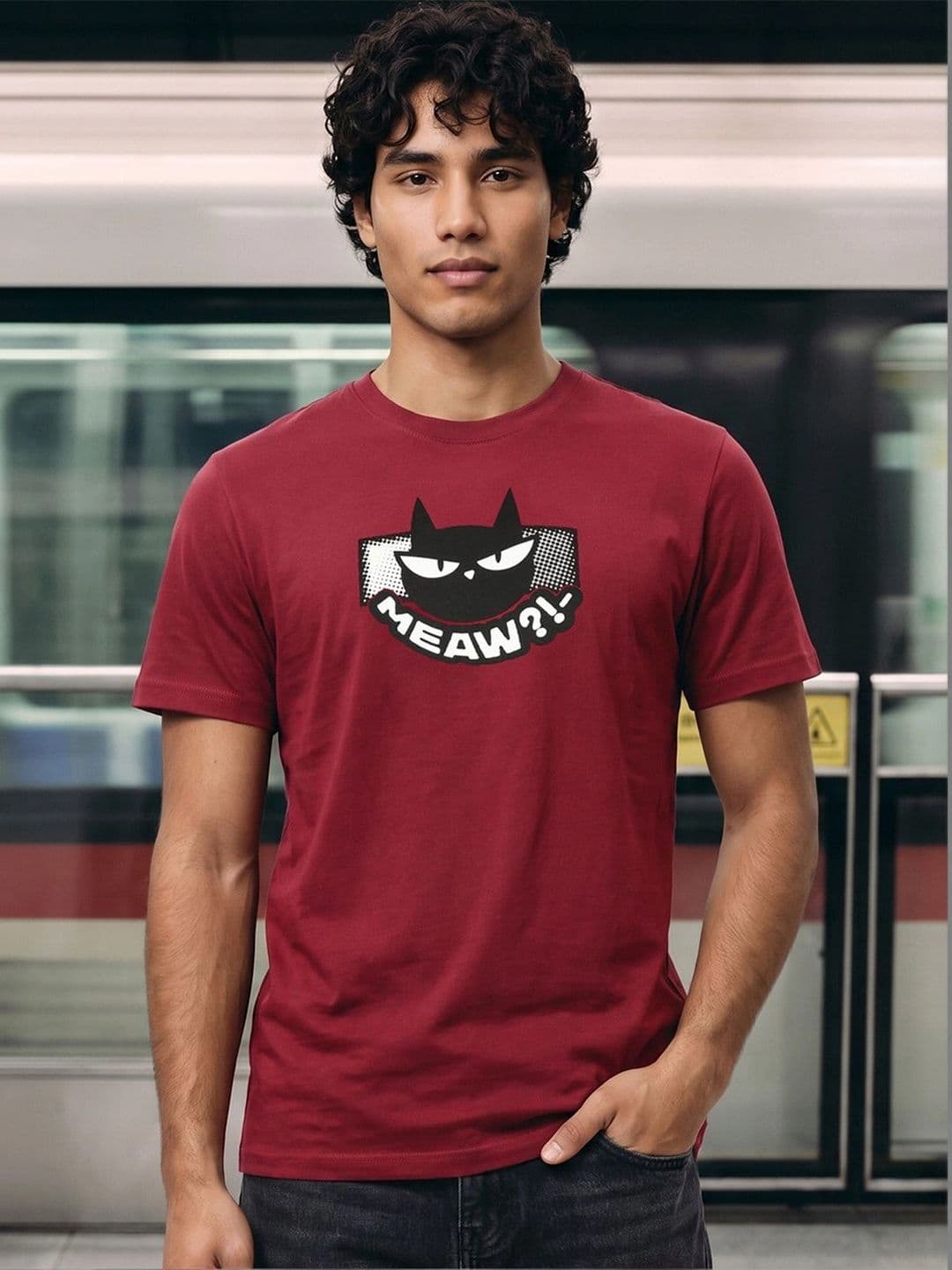 Bewakoof Men's Red Meaw Cat Graphic Printed T-shirt - view 1
