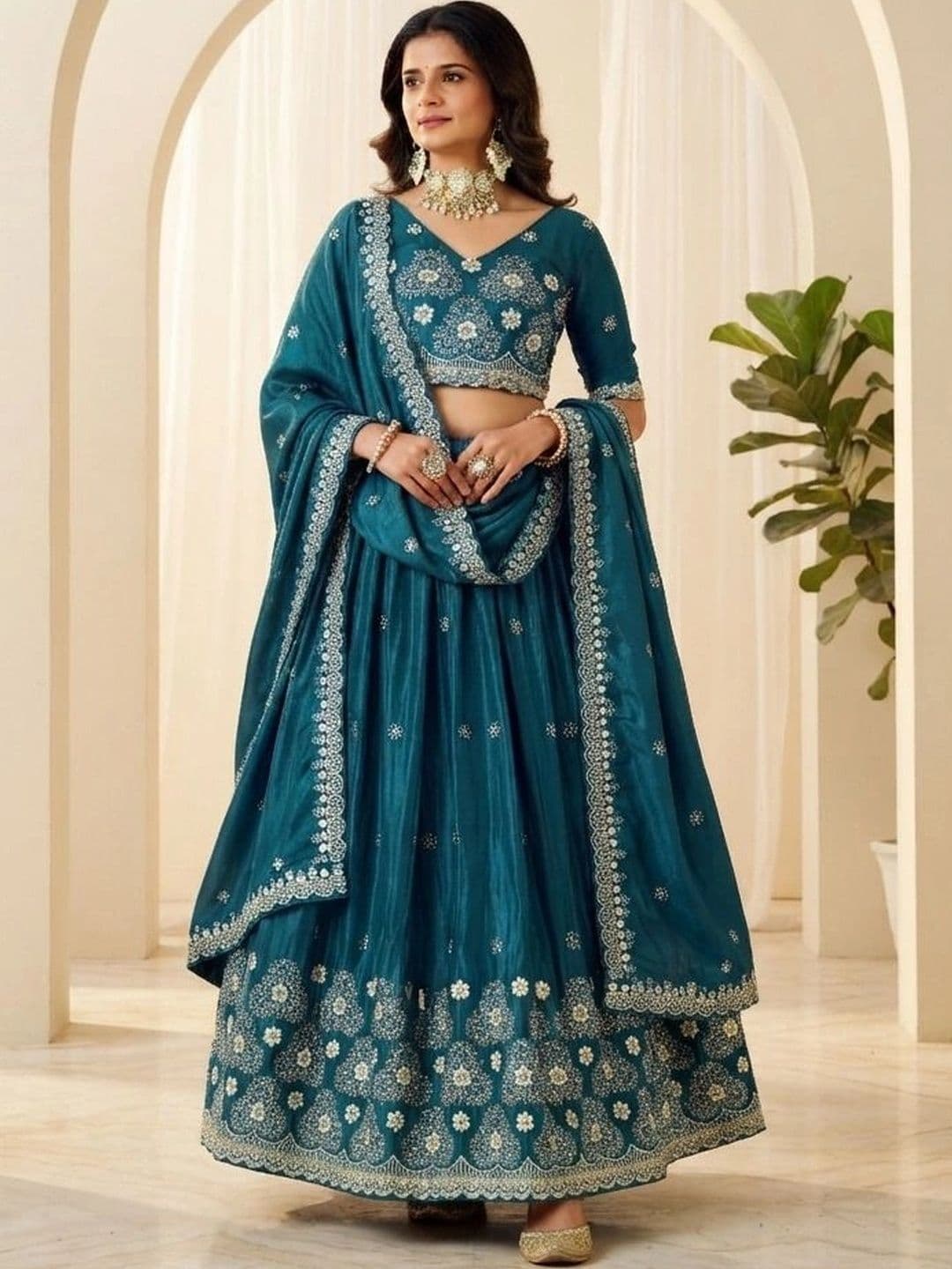 HERE&NOW Embroidered Thread Work Semi-Stitched Lehenga & Blouse With Dupatta thumbnail 4