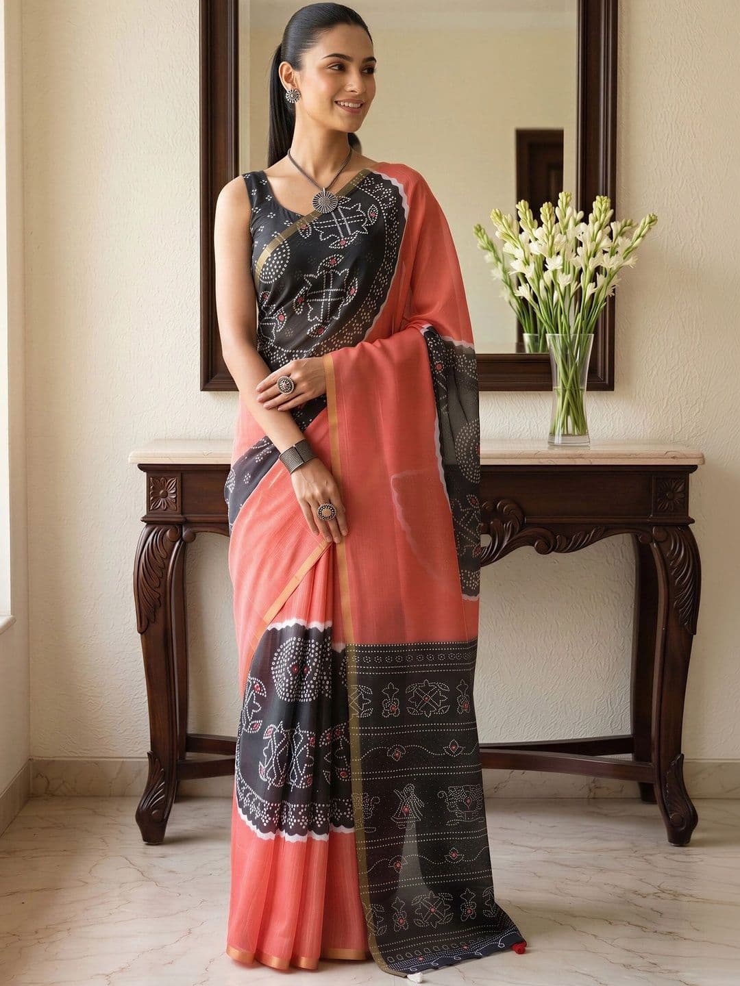 Sangria Bandhani Designer Block Print Saree thumbnail 3