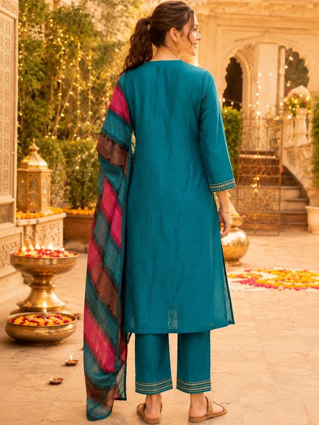 Nayam By Lakshita Women Ethnic Motifs Embroidered Regular Thread Work Kurta with Trousers & With Dupatta thumbnail 4