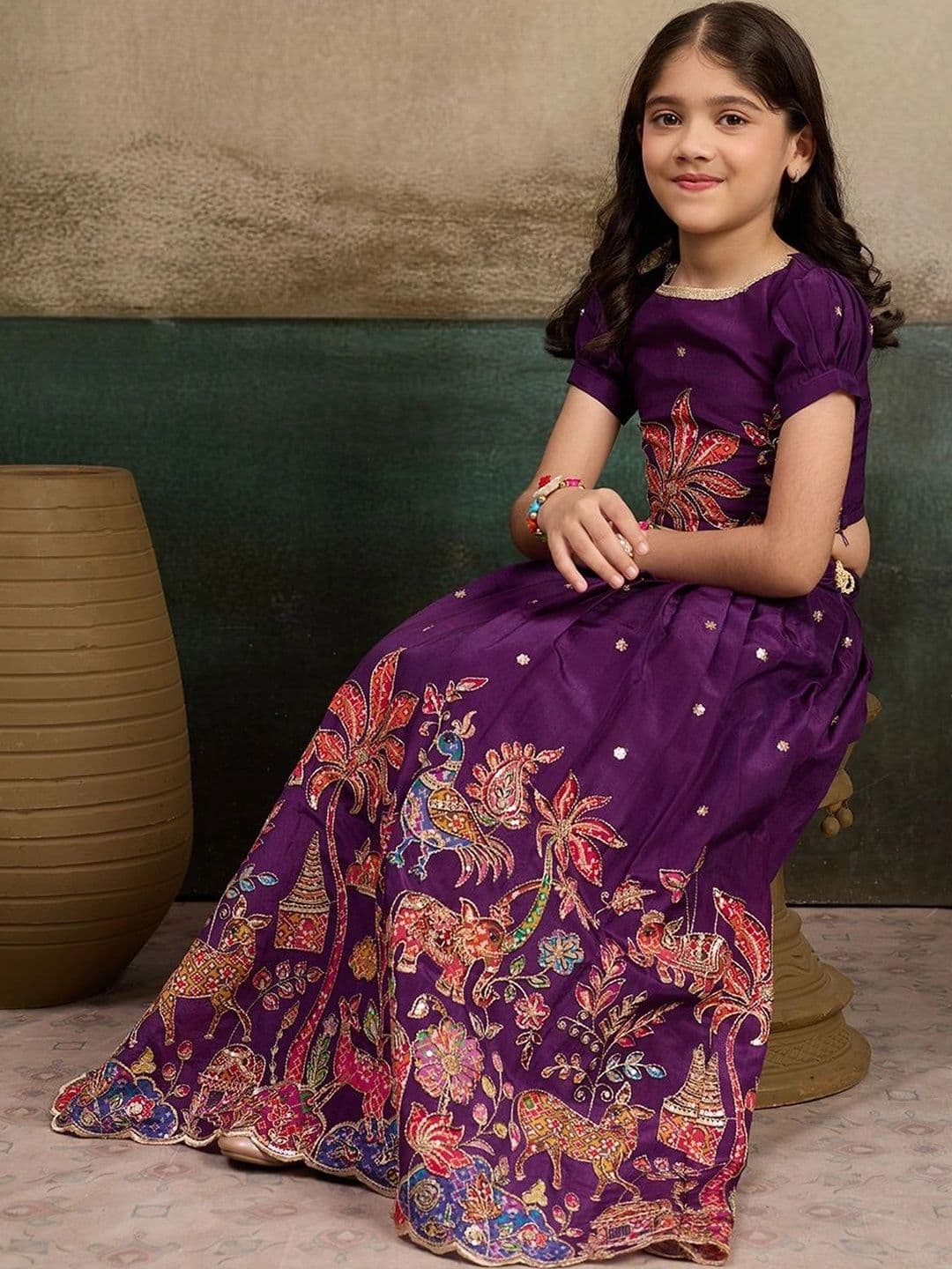 Tasarika Girls Embroidered Kalamkari Ready to Wear Lehenga & thumbnail 6