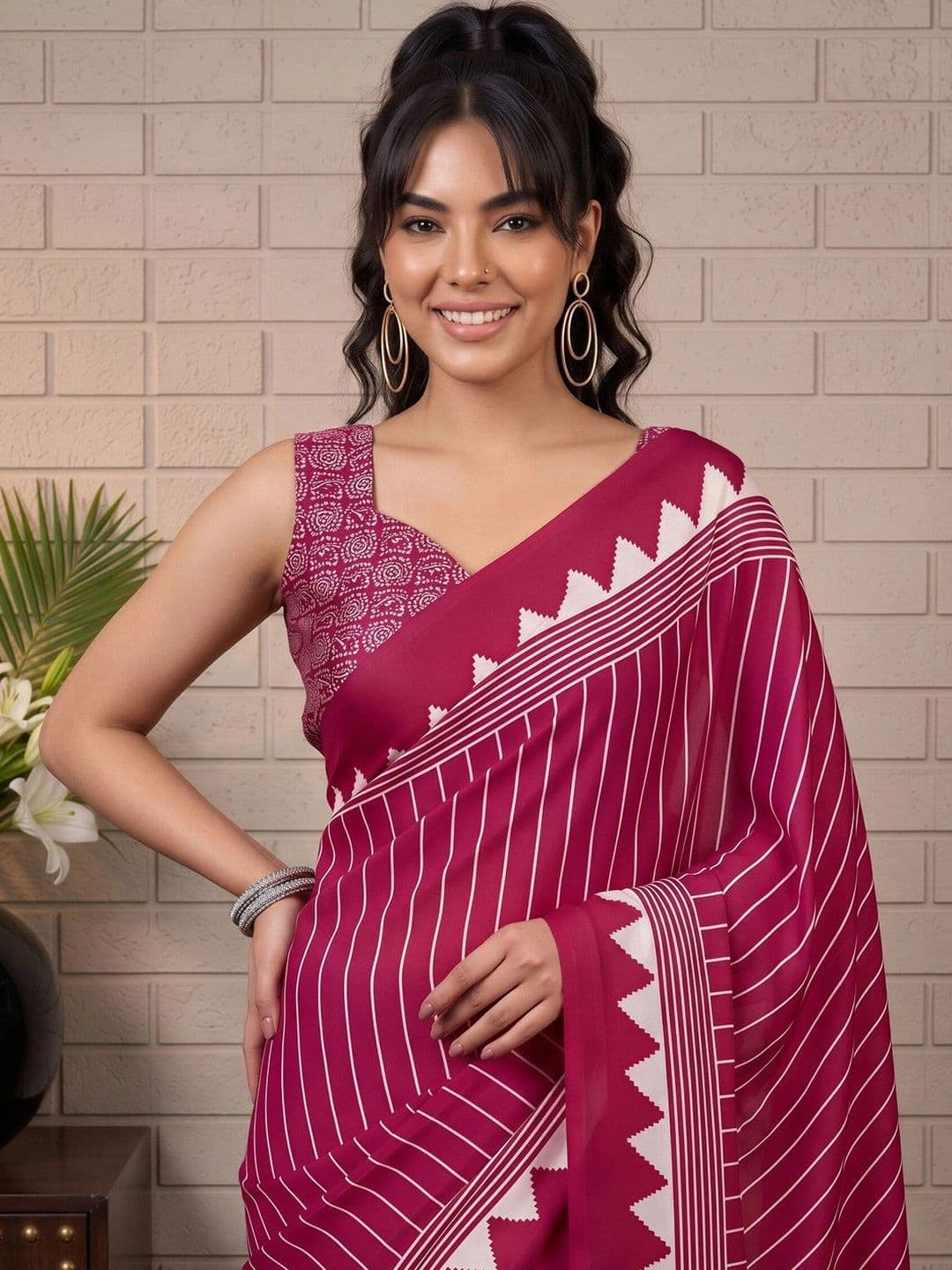 Anouk Striped Satin Designer Leheriya Saree thumbnail 6