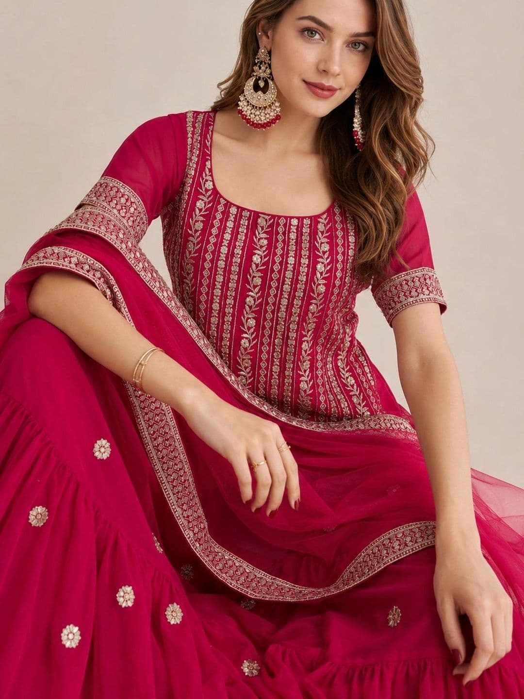 KALINI Women Ethnic Motifs Embroidered Silk Georgette Kurta with Sharara With Dupatta thumbnail 5