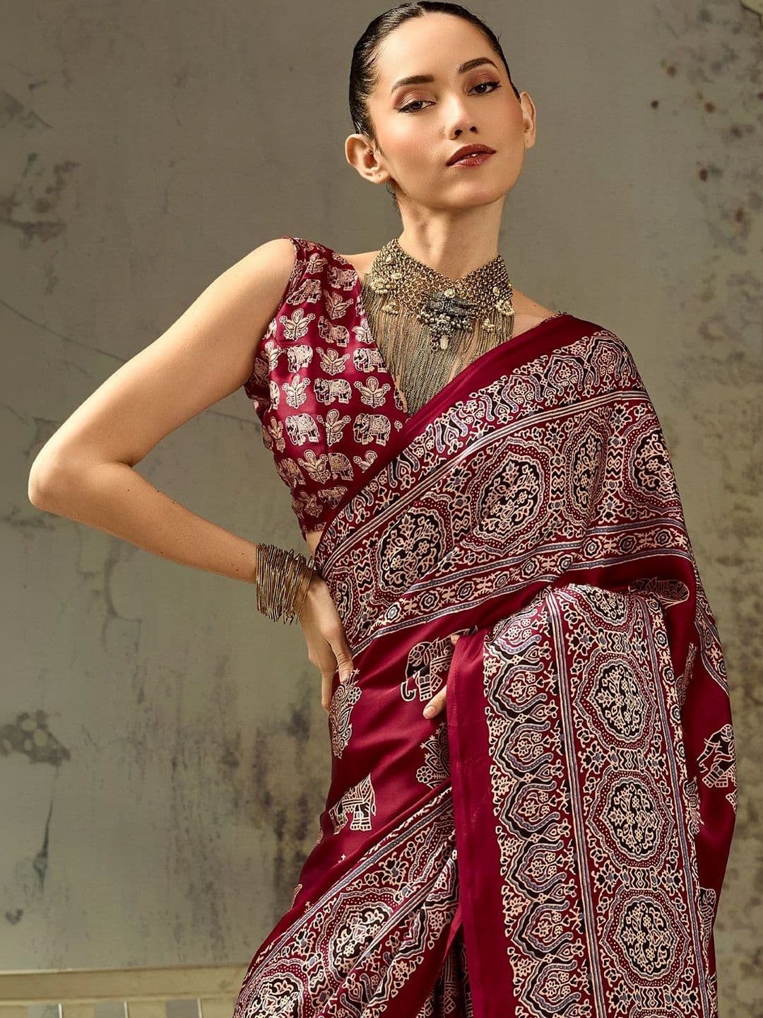 Sangria Embroidered Satin Designer Block Print Saree thumbnail 6