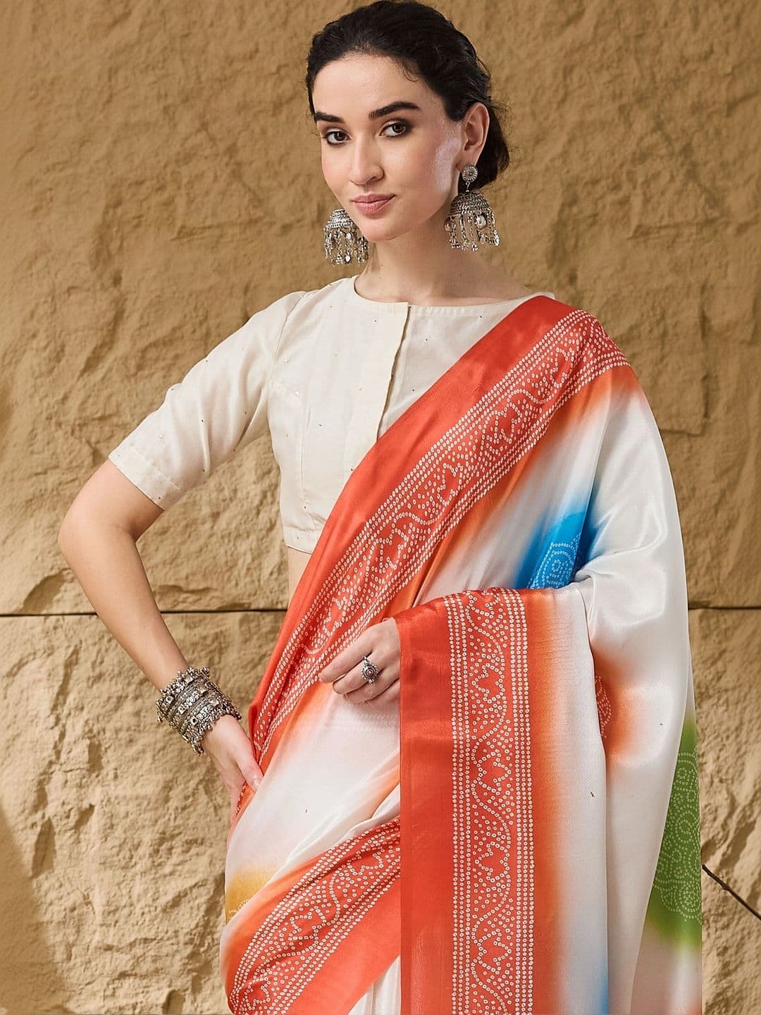 RACHNA Tie and Dye Satin Designer Ikat Saree thumbnail 4