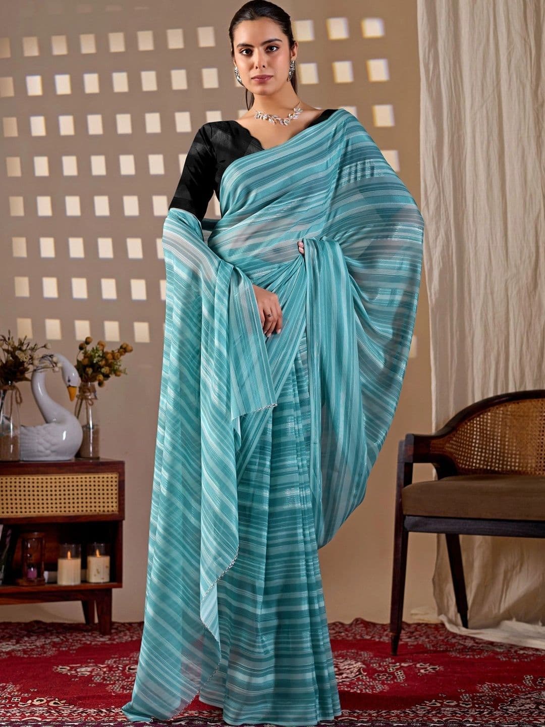 Moda Rapido Striped Poly Georgette Designer Saree thumbnail 5