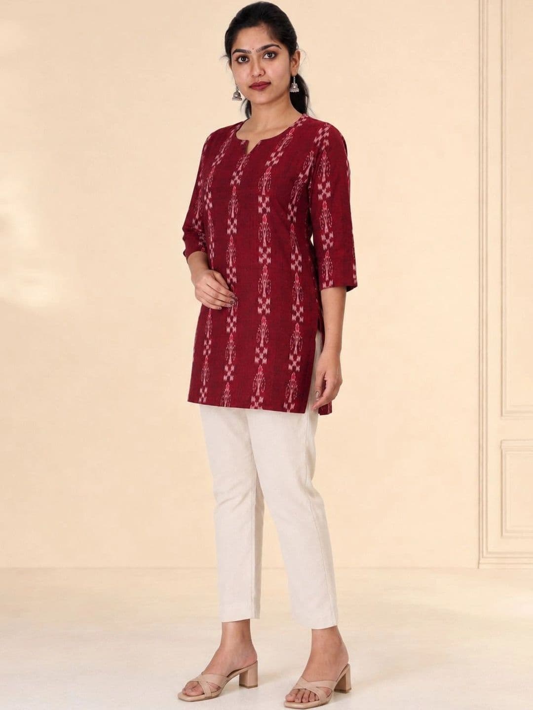 GHL-GUENDICHA HAAT LLP GHL Women Maroon Sambalpuri Ikat Handloom Cotton A-Line Short Kurta for Office Wear thumbnail 3