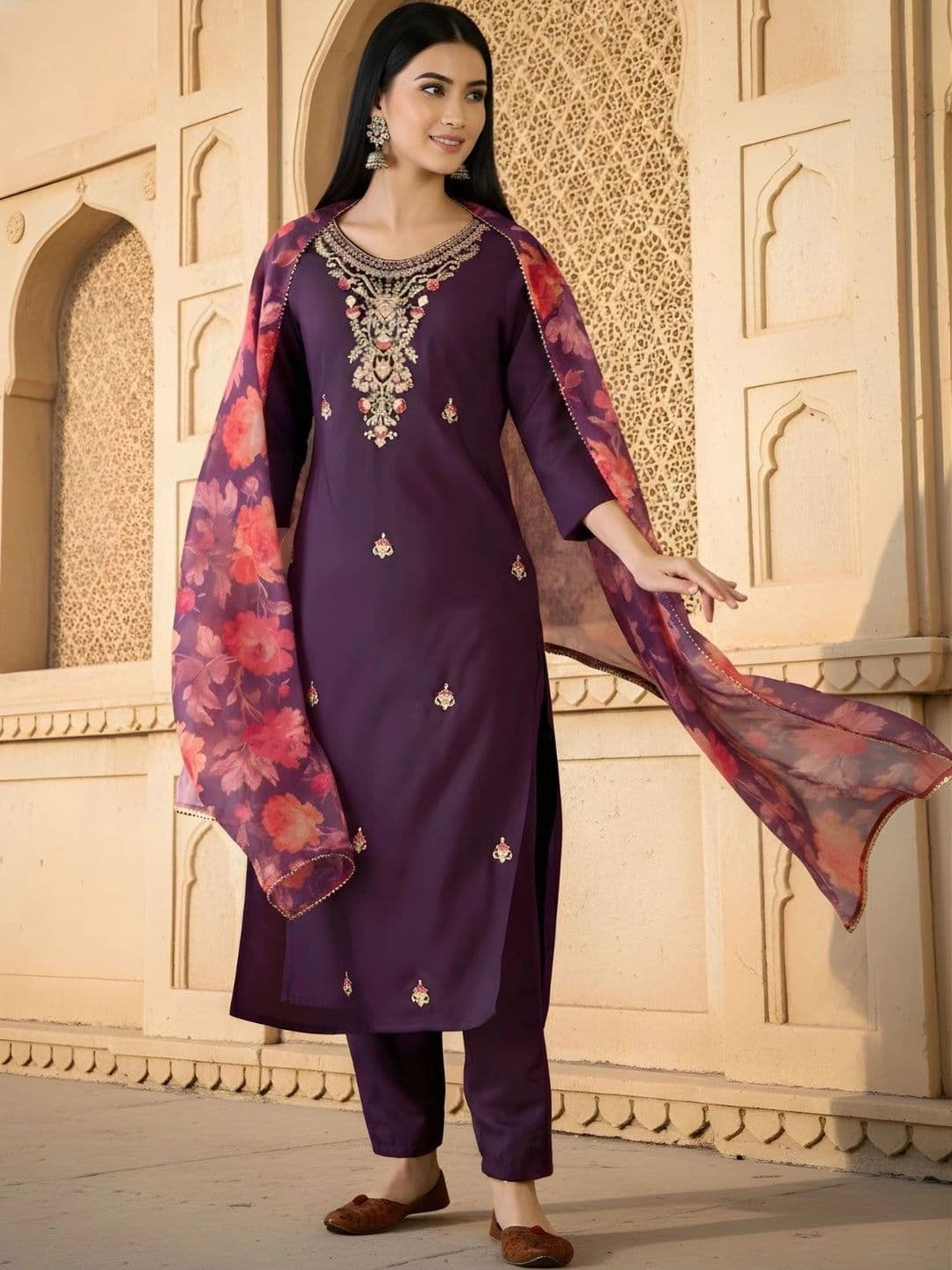 HERE&NOW Women Floral Embroidered Regular Thread Work Kurta with Trousers & With Dupatta thumbnail 6