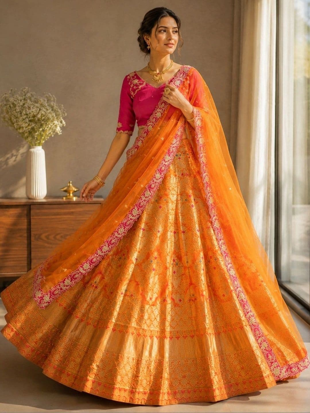 KALINI Embroidered Thread Work Ready to Wear Lehenga & Unstitched Blouse With Dupatta thumbnail 5