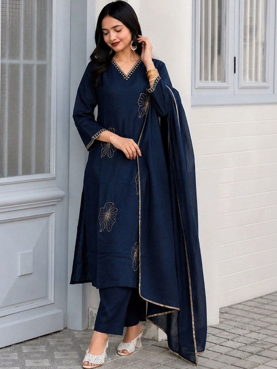 KALINI Women Ethnic Motifs Embroidered Regular Thread Work Silk Chiffon Kurta with Trousers & With Dupatta - view 1