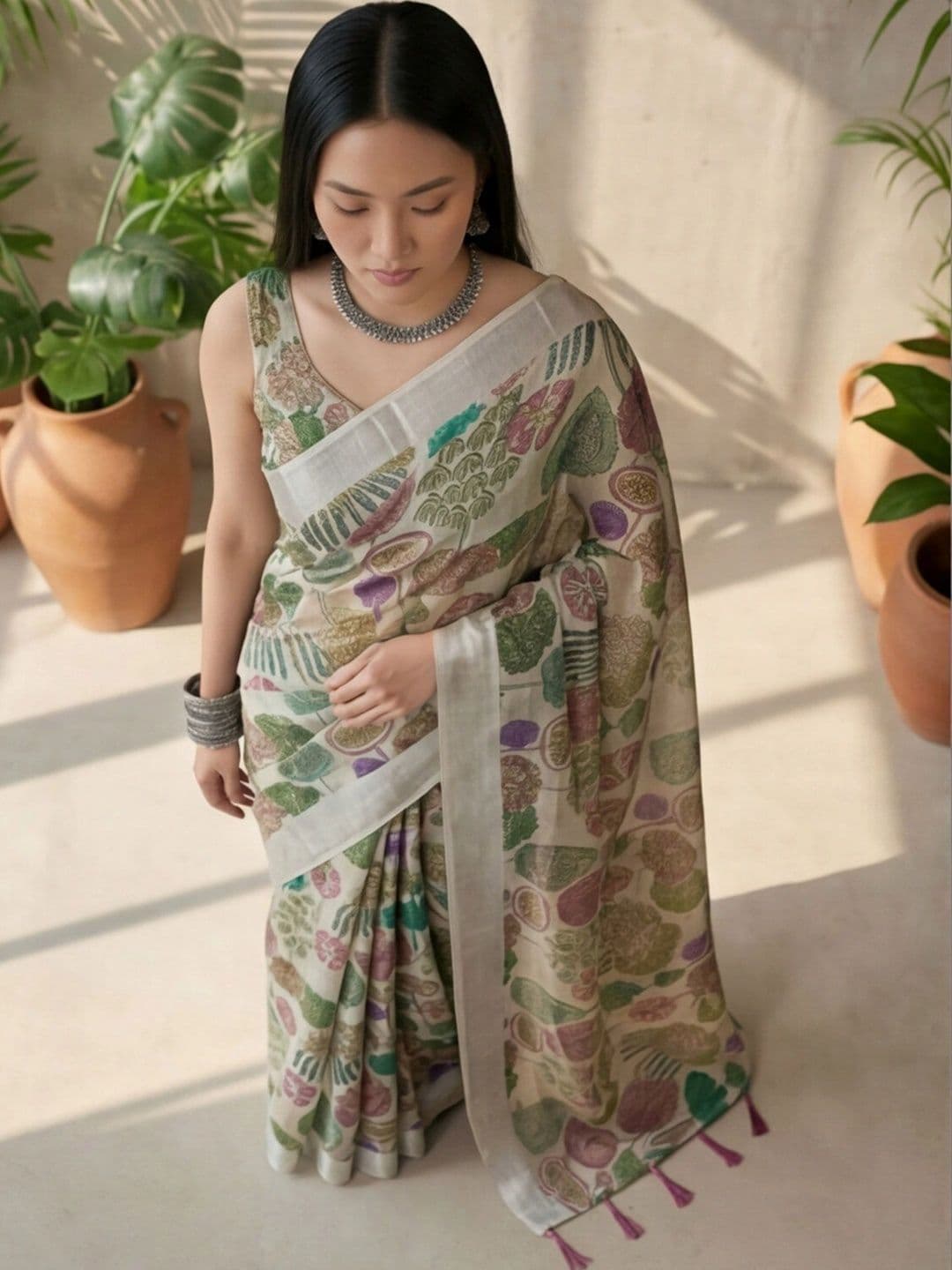 Anouk Rustic Floral Zari Pure Linen Designer Khadi Saree thumbnail 5