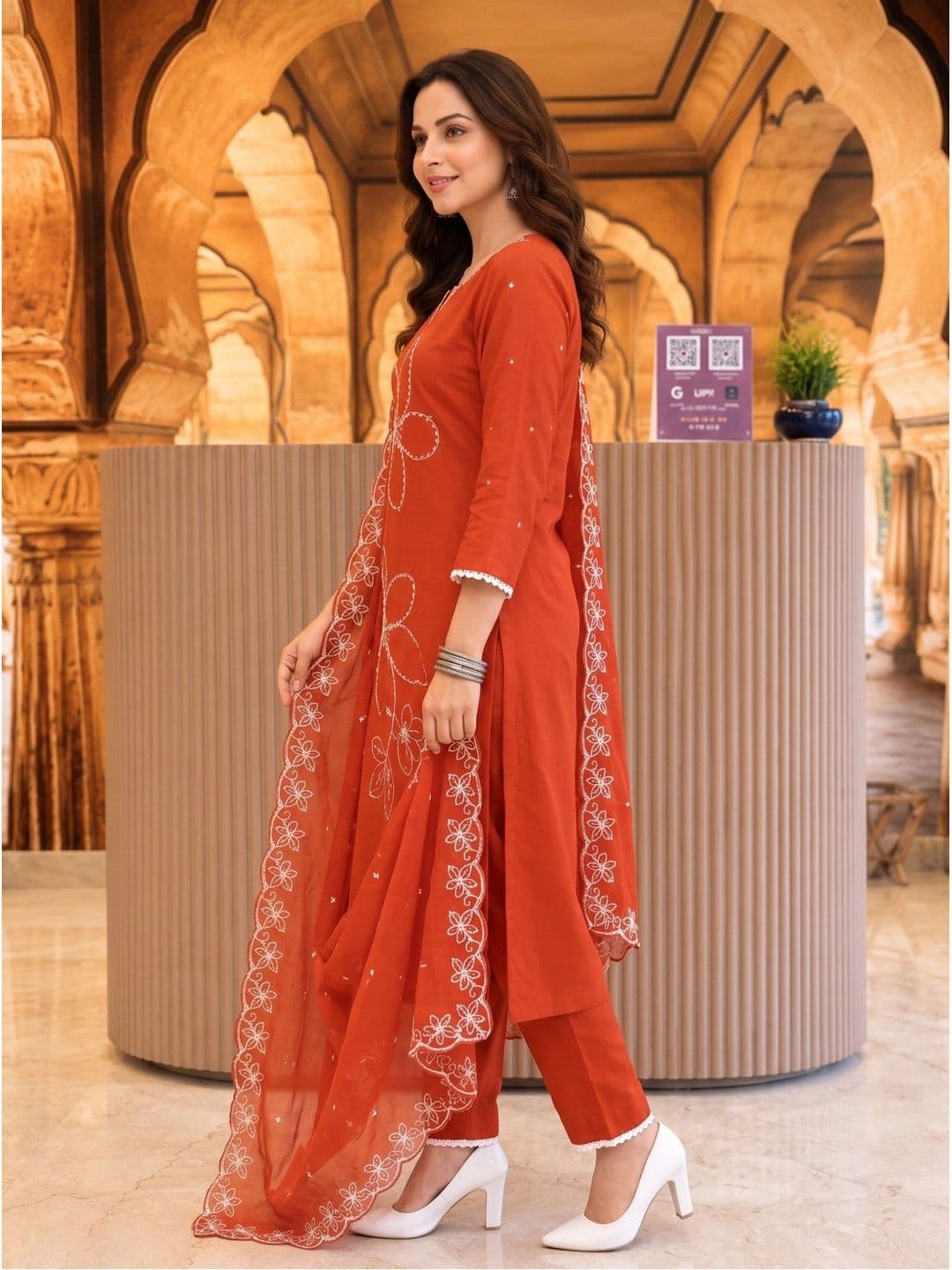 J MOGAL Women Ethnic Motifs Embroidered Regular Thread Work Kurta with Trousers & With Dupatta thumbnail 6
