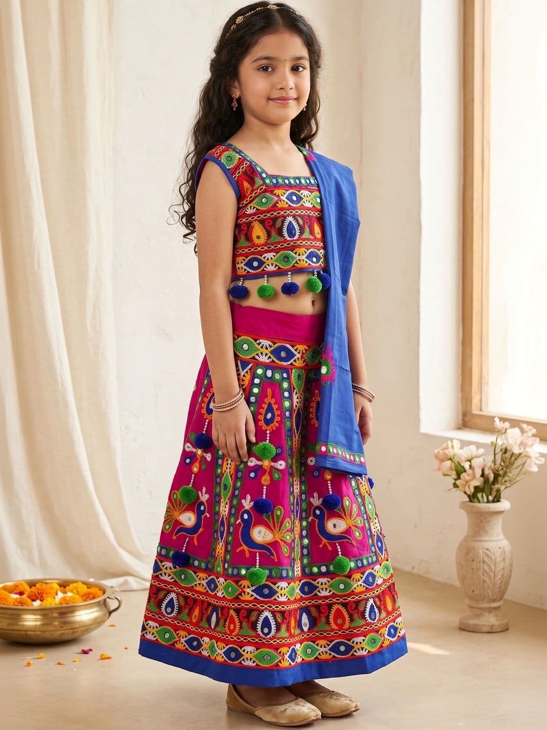 ahhaaaa Girls Embroidered Mirror Work Ready to Wear Lehenga & Blouse With Dupatta thumbnail 4