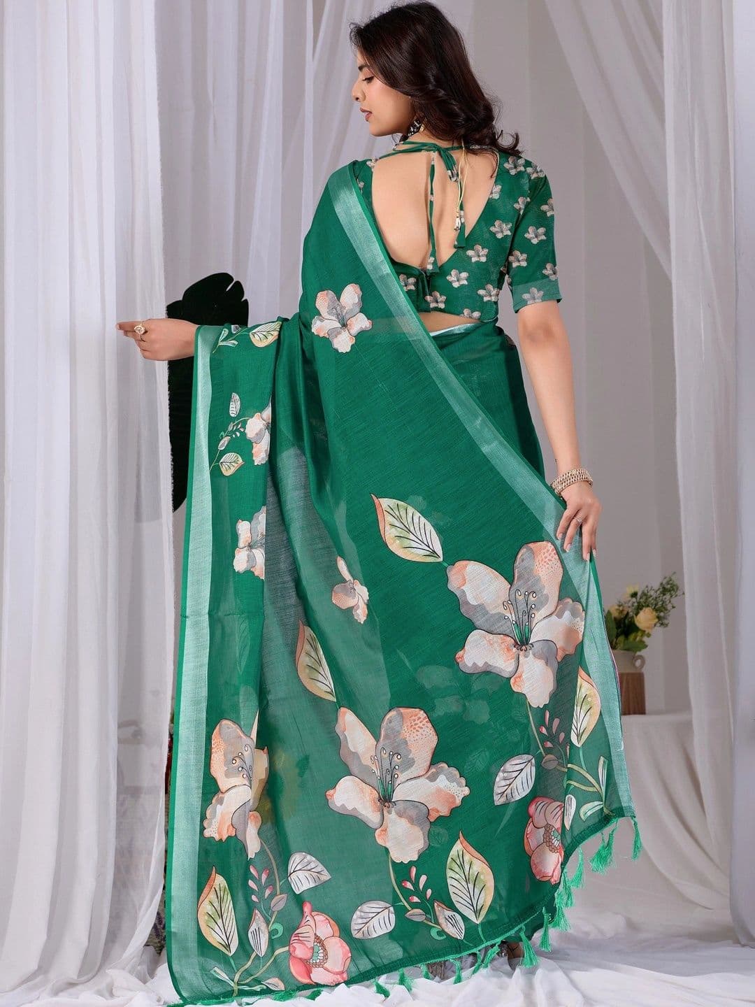Moda Rapido Floral Zari Linen Blend Designer Saree thumbnail 2