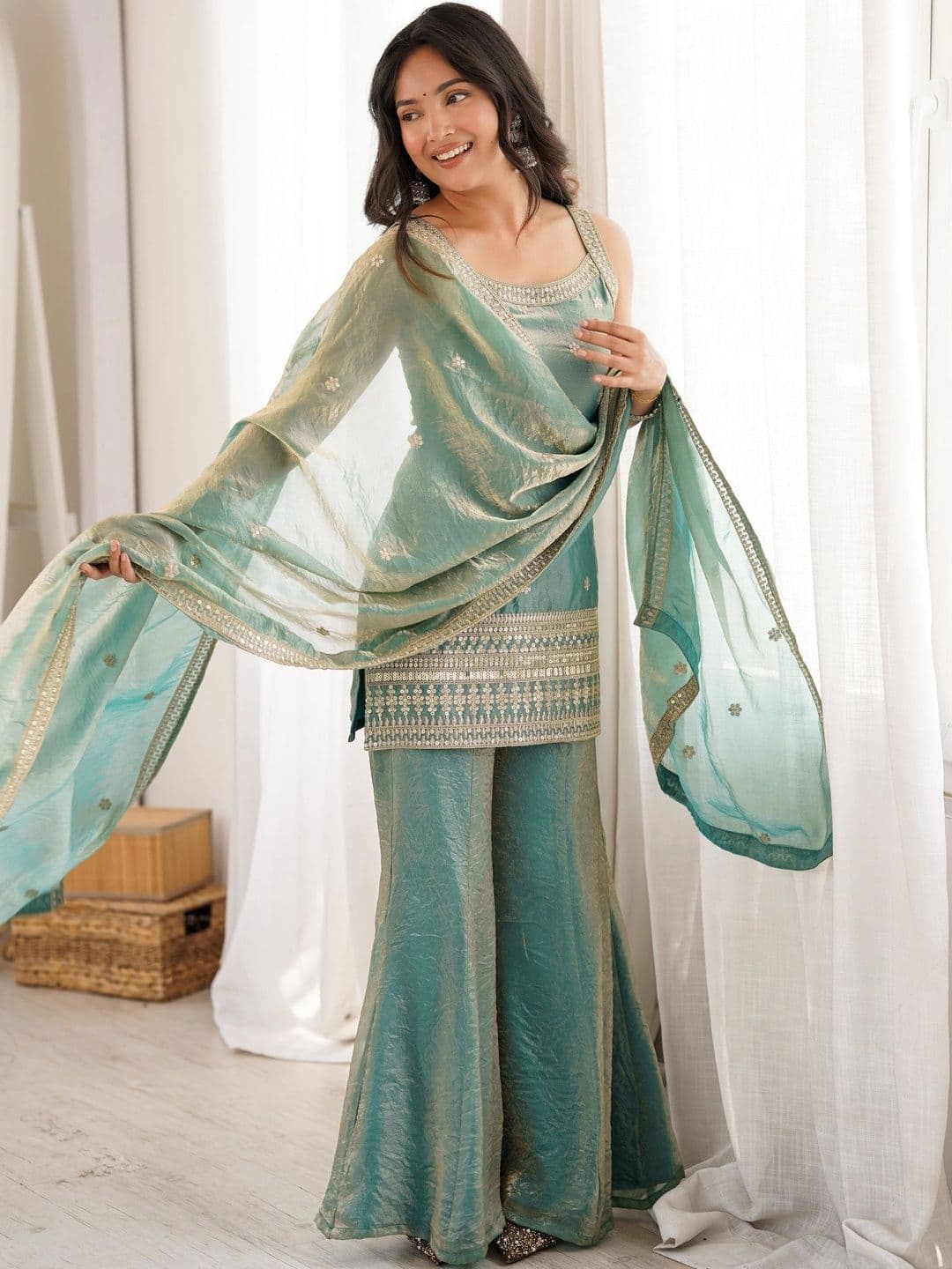 Kurtibella Women Ethnic Motifs Embroidered Regular Kurta with Sharara & With Dupatta thumbnail 7