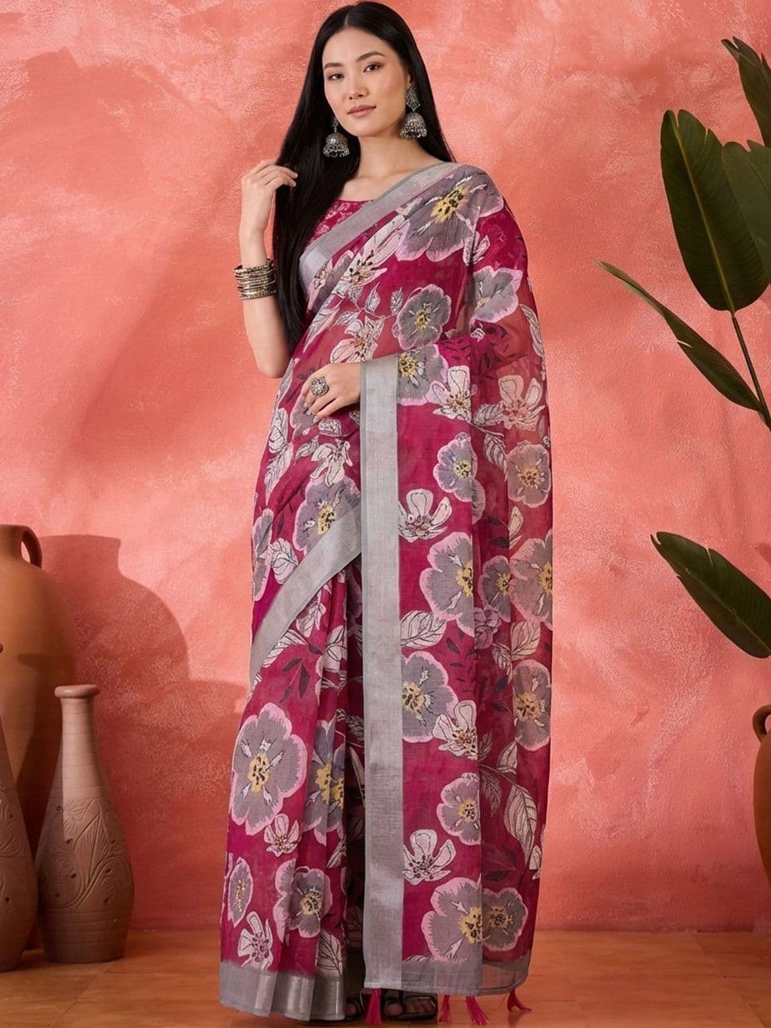 Anouk Rustic Floral Zari Pure Linen Designer Khadi Saree - view 1