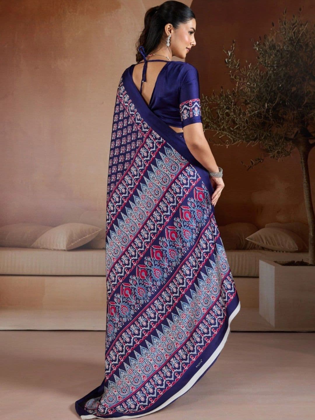 Moda Rapido Ajrak Block Satin Designer Saree thumbnail 6