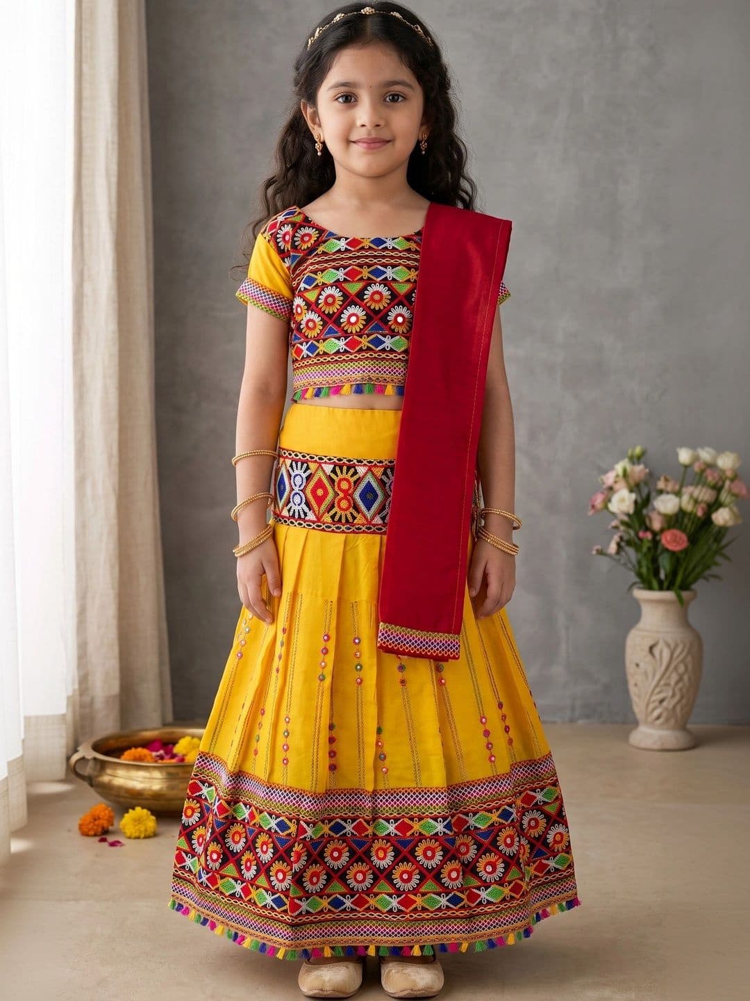 ahhaaaa Girls Embroidered Mirror Work Ready to Wear Lehenga & Blouse With Dupatta - view 1