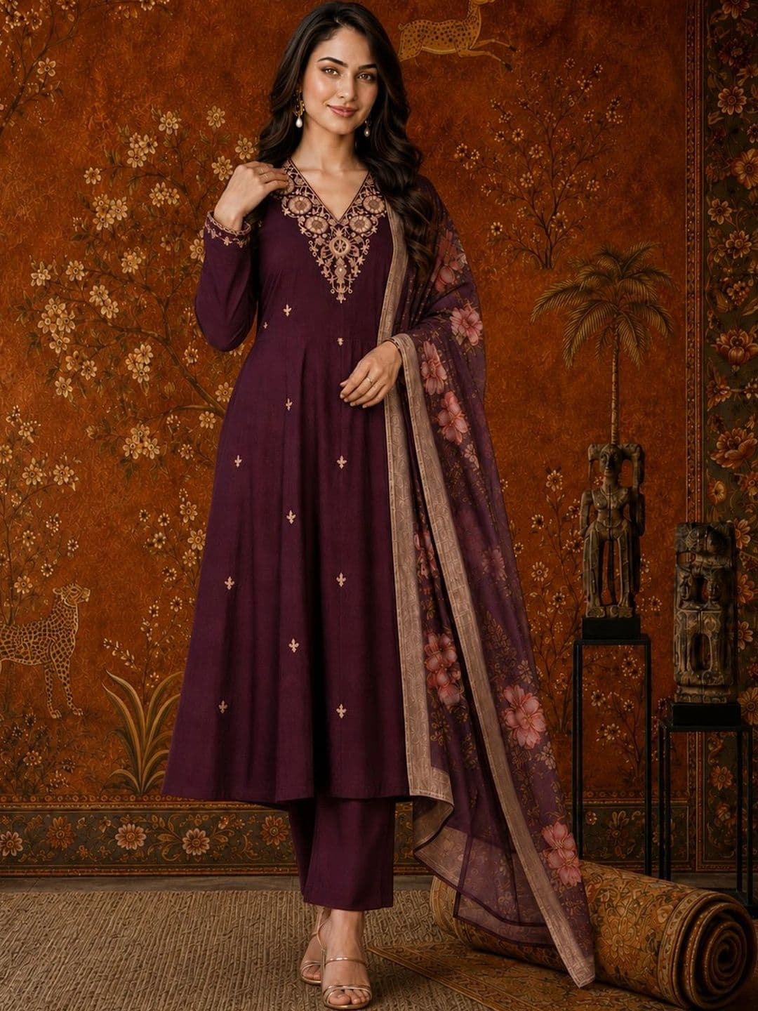 Sangria Ethnic Motifs Embroidered Thread Work A-Line Kurta with Trousers & Dupatta thumbnail 3