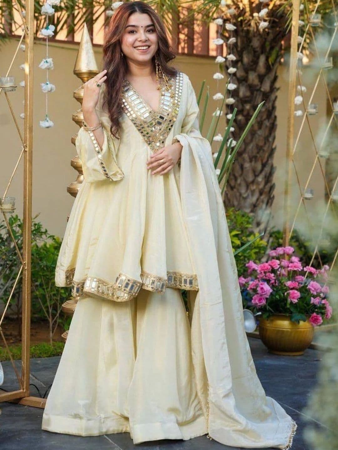 Komurr Women Empire Mirror Work Kurta with Sharara & With Dupatta - view 1