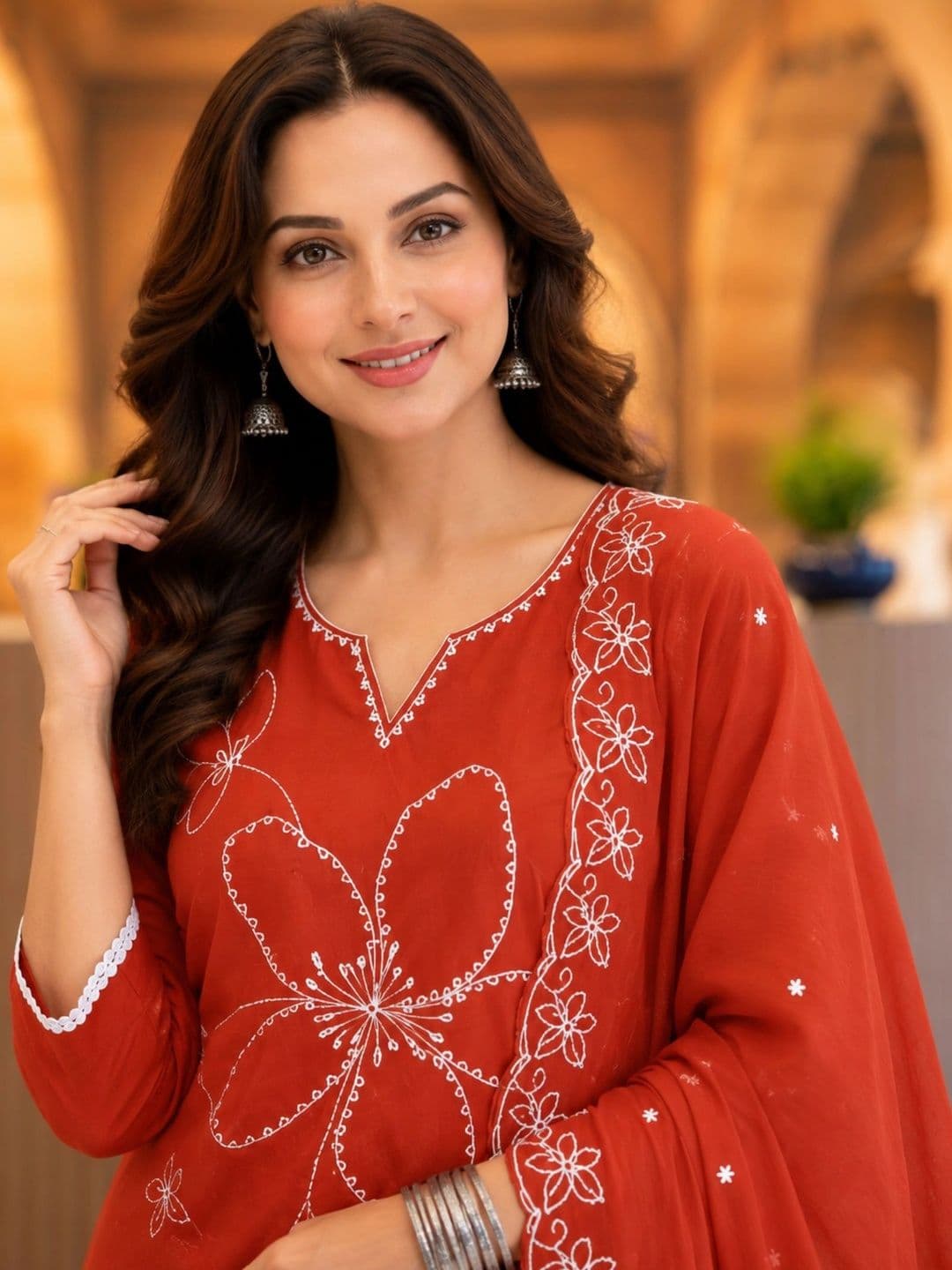 J MOGAL Women Ethnic Motifs Embroidered Regular Thread Work Kurta with Trousers & With Dupatta thumbnail 5