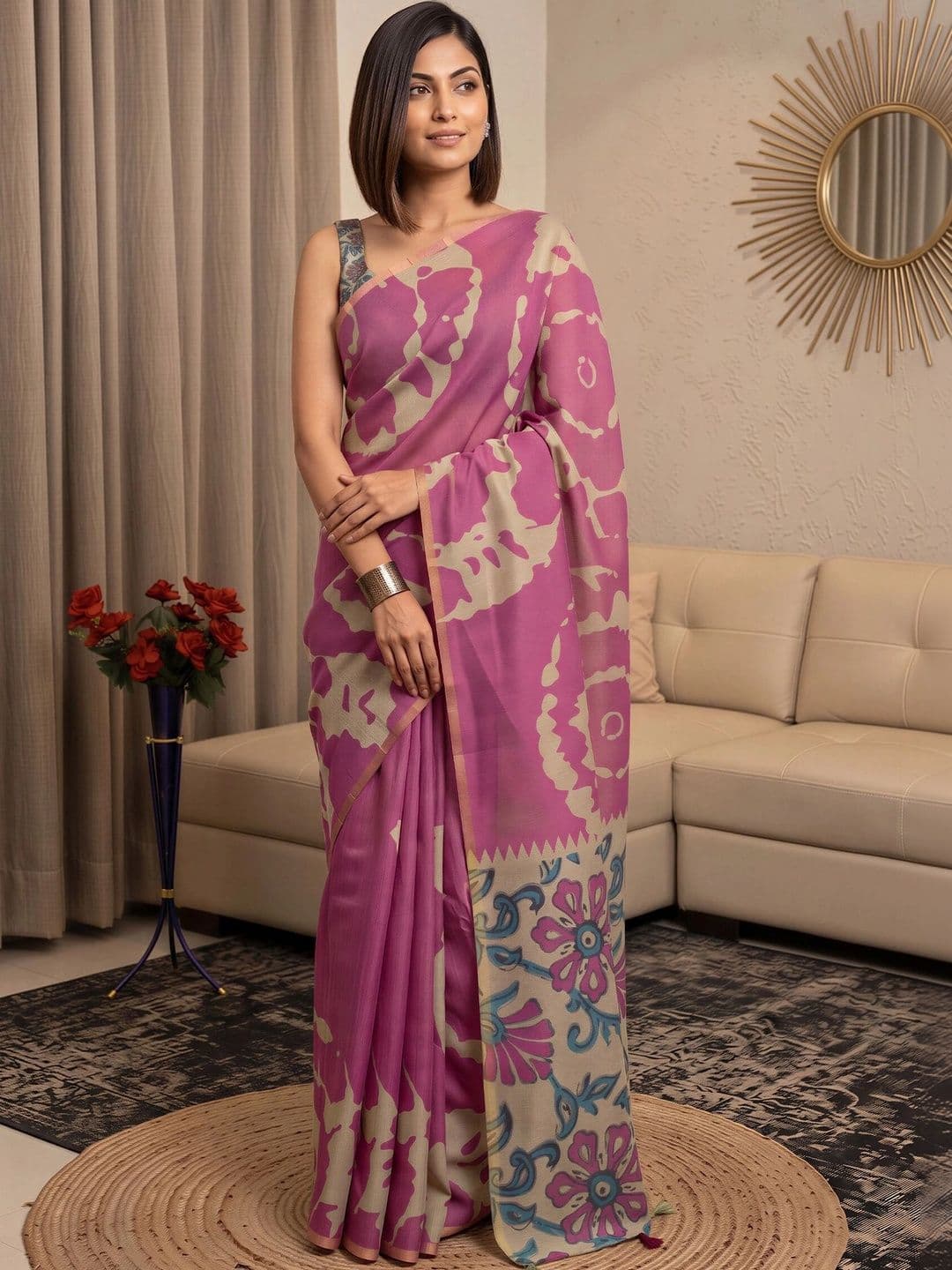 Sangria Floral Designer Block Print Saree - view 1