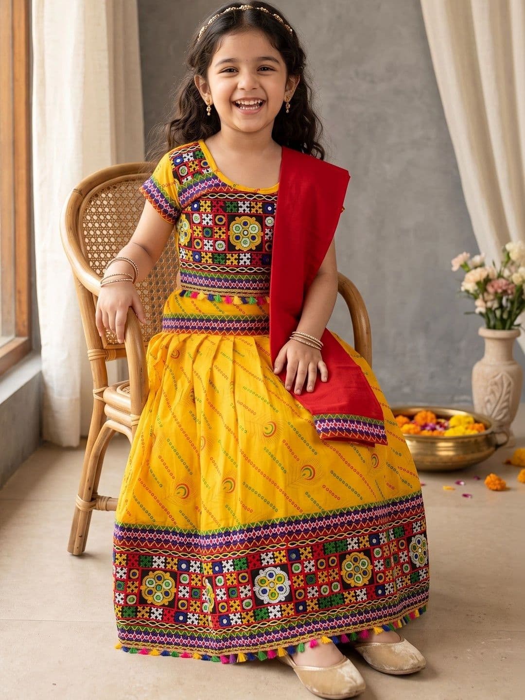 ahhaaaa Girls Embroidered Thread Work Ready to Wear Lehenga & Blouse With Dupatta thumbnail 2