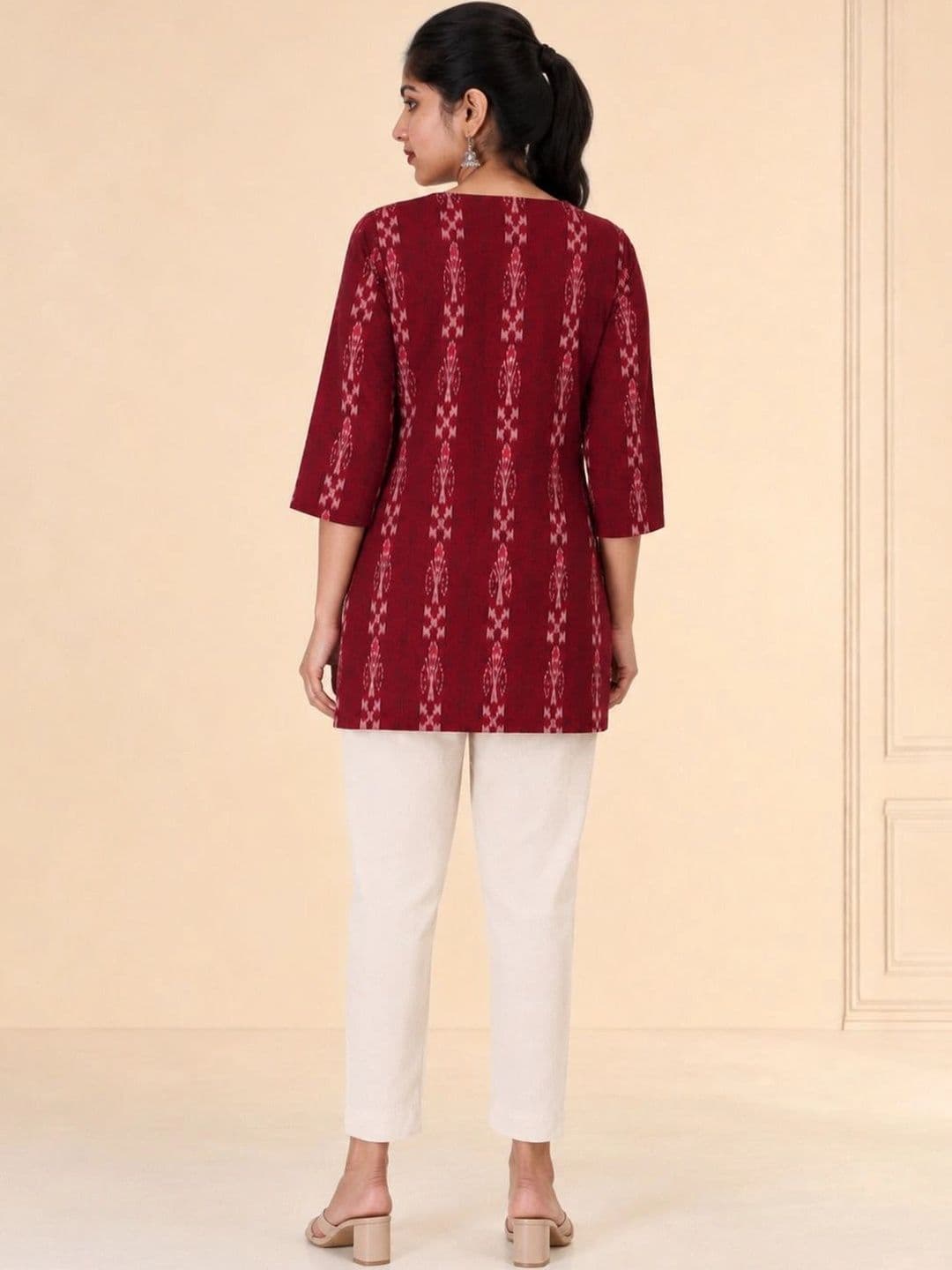 GHL-GUENDICHA HAAT LLP GHL Women Maroon Sambalpuri Ikat Handloom Cotton A-Line Short Kurta for Office Wear thumbnail 2