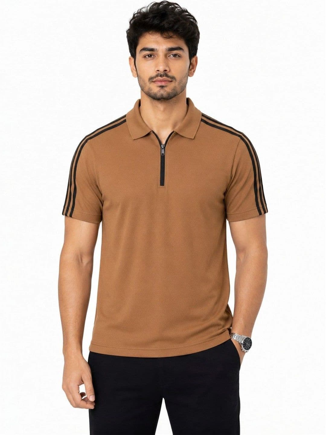 MaverIQ Camel Brown Colourblocked Polo Collar Regular Fit T-shirt - view 1